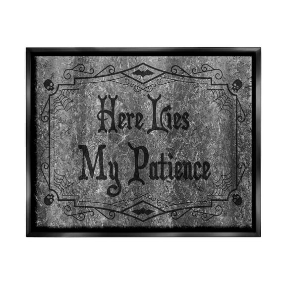 Stupell Industries Here Lies My Patience Tombstone Graphic Art Jet Black Floating Framed Canvas Print Wall Art, Design by Lil' Rue