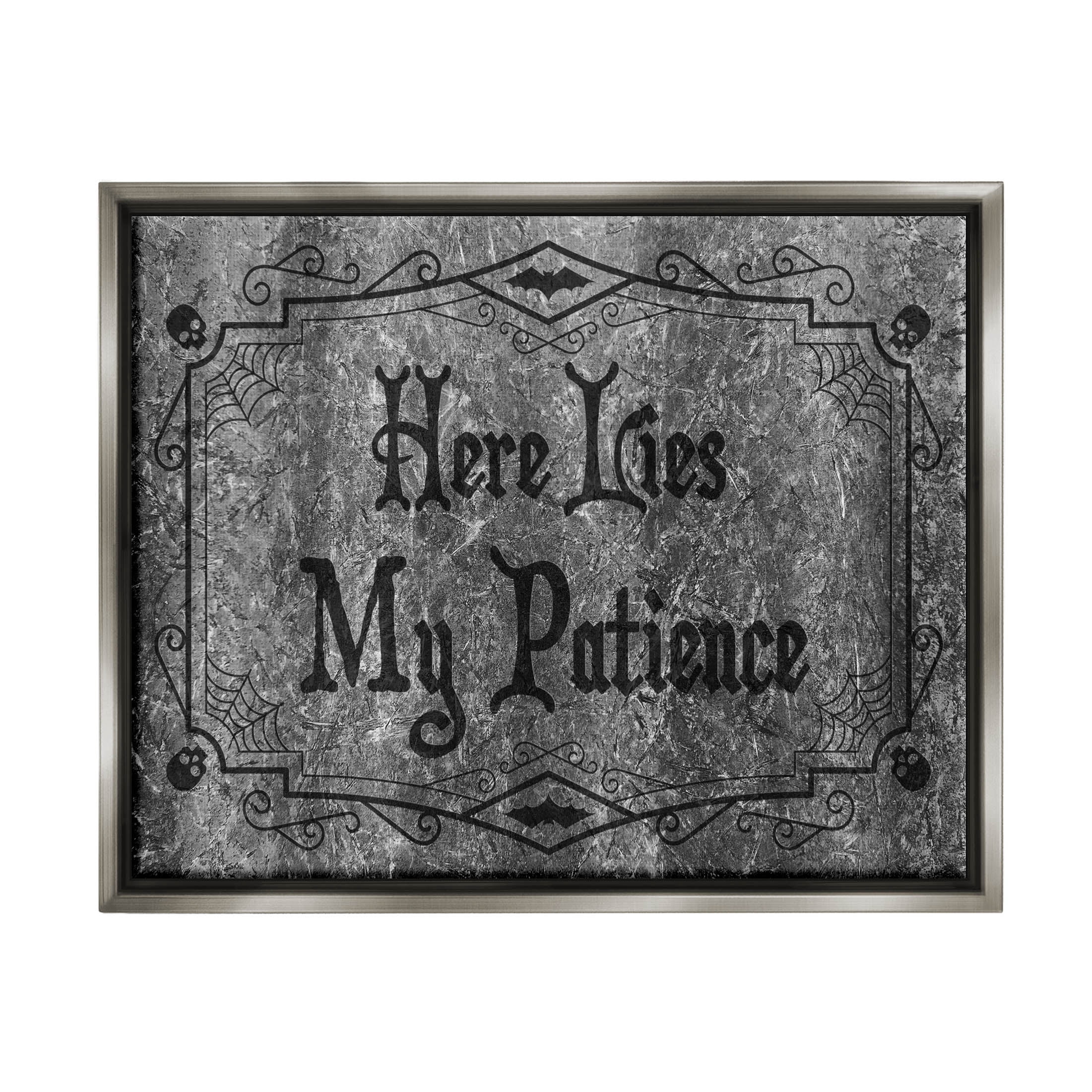 Stupell Industries Here Lies My Patience Tombstone Graphic Art Luster Gray Floating Framed Canvas Print Wall Art, Design by Lil' Rue