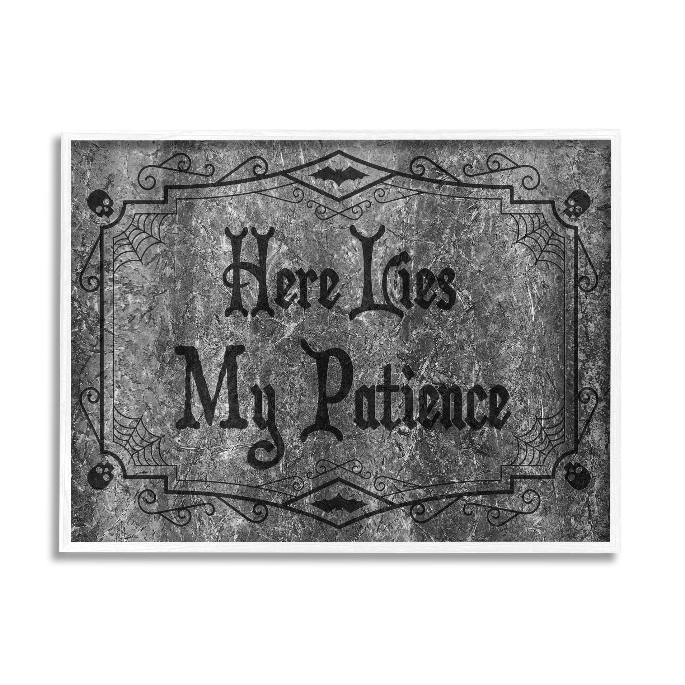 Stupell Industries Here Lies My Patience Tombstone Graphic Art White Framed Art Print Wall Art, Design by Lil' Rue