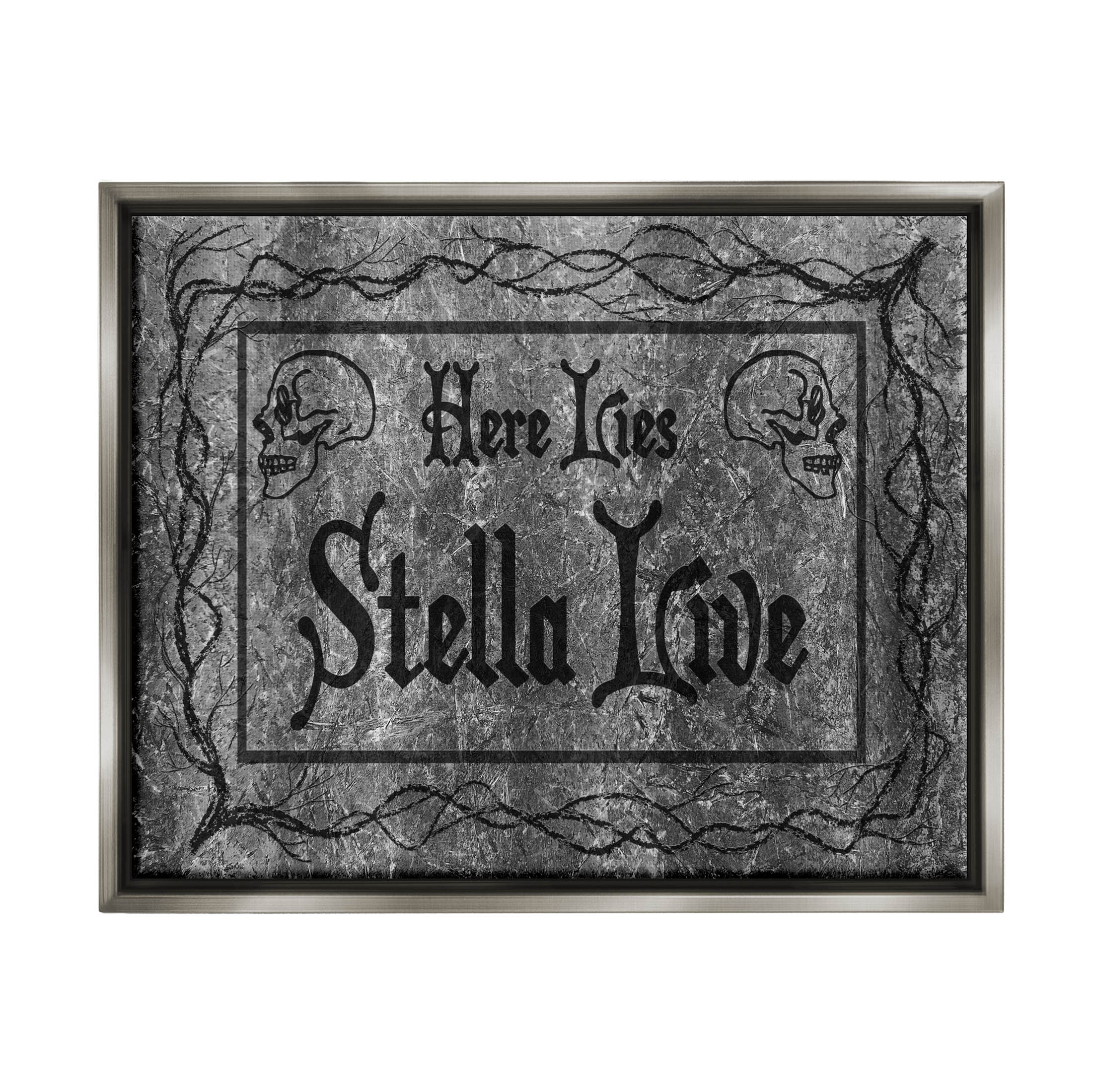 Stupell Industries Here Lies Stella Live Grave Graphic Art Luster Gray Floating Framed Canvas Print Wall Art, Design by Lil' Rue