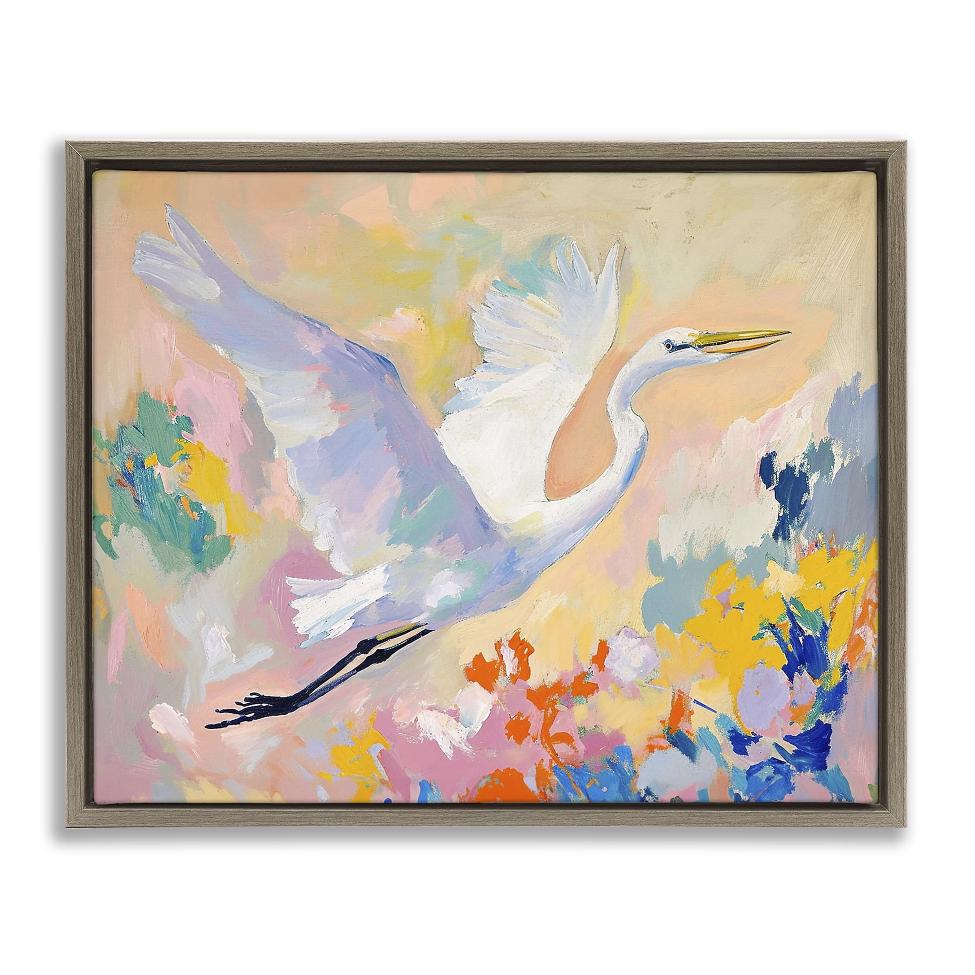 Stupell Industries Heron & Abstract Botanicals Animals & Insects Painting Brown Floater Framed Canvas Art Print Wall Art, 31 x 25