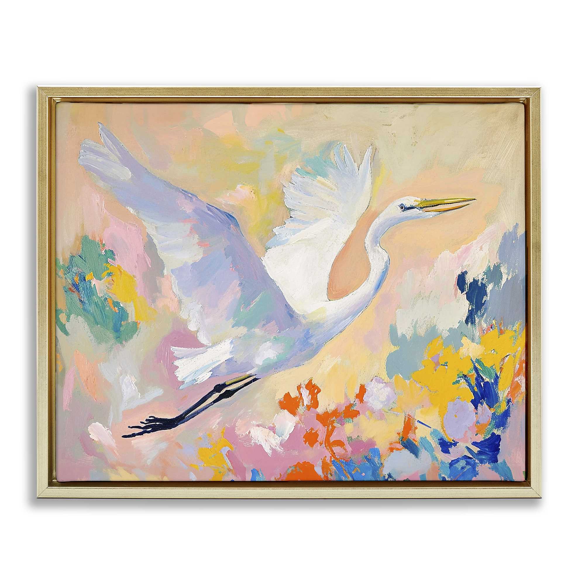 Stupell Industries Heron & Abstract Botanicals Animals & Insects Painting Gold Floater Framed Canvas Art Print Wall Art, 31 x 25
