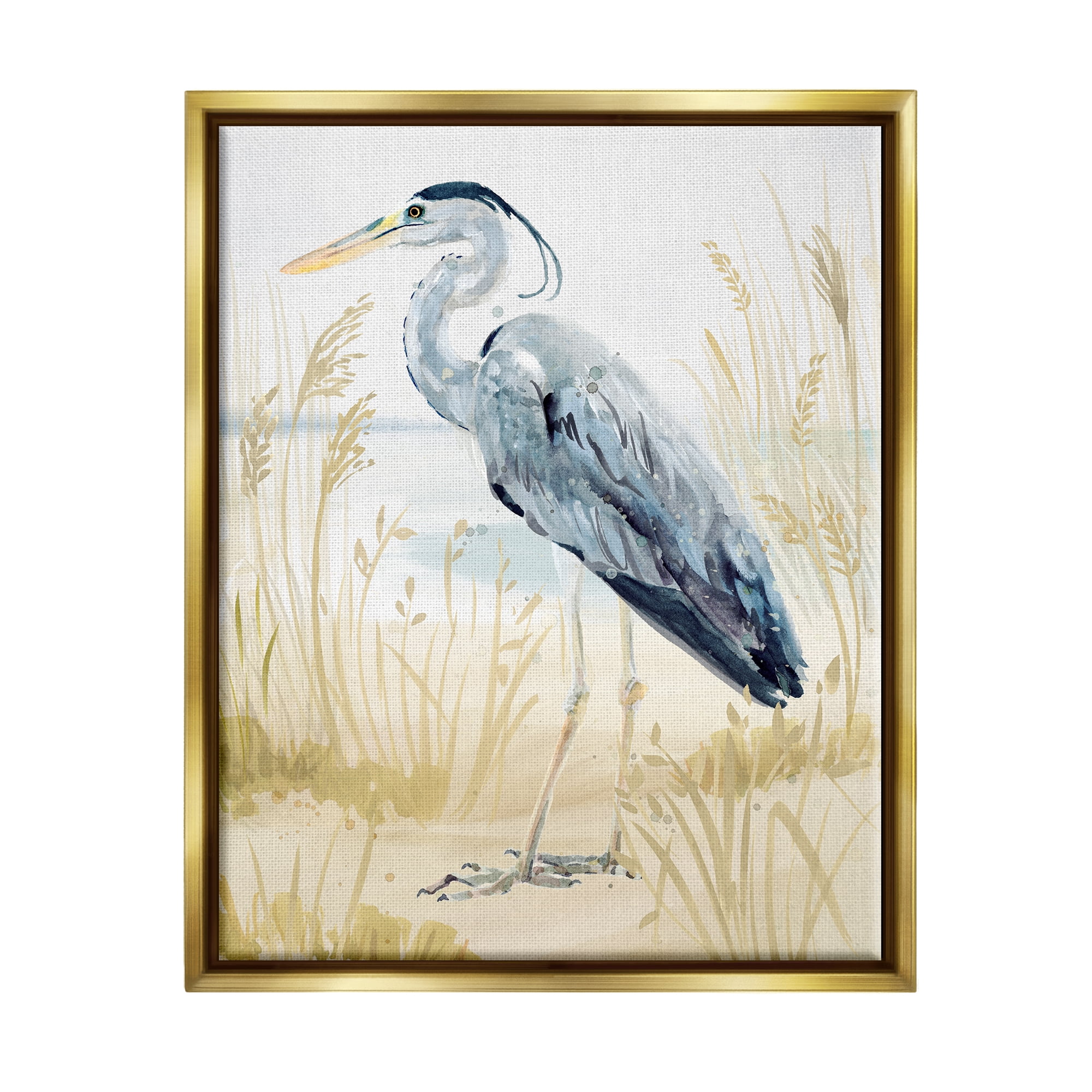 Stupell Industries Heron & Beach Grass Animals & Insects Painting Gold Floater Framed Canvas Art Print Wall Art, 17 x 21