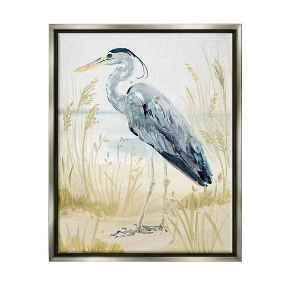 Stupell Industries Heron & Beach Grass Animals & Insects Painting Gray Floater Framed Canvas Art Print Wall Art, 17 x 21