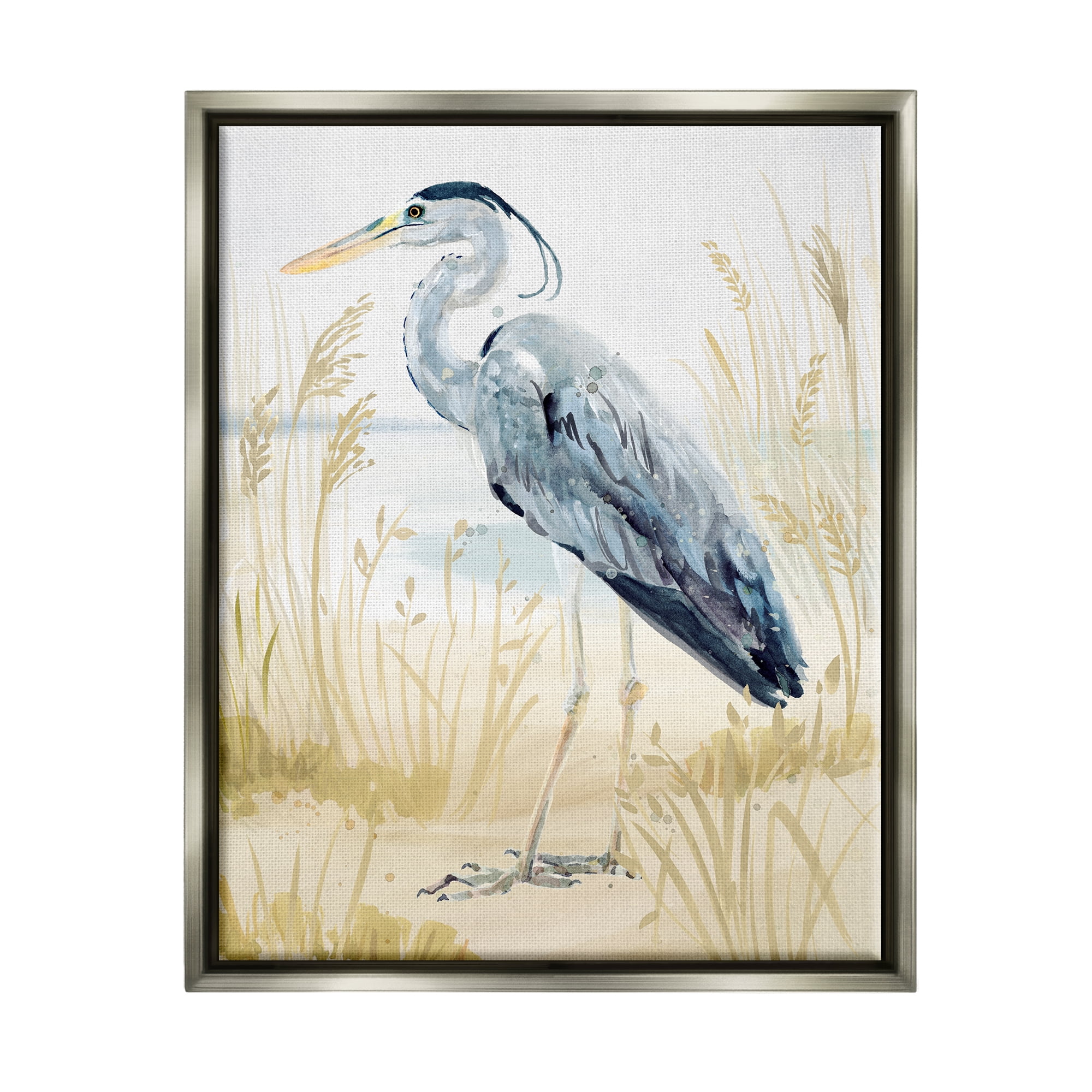 Stupell Industries Heron & Beach Grass Animals & Insects Painting Gray Floater Framed Canvas Art Print Wall Art, 25 x 31