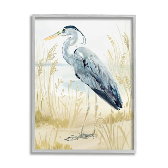 Stupell Industries Heron & Beach Grass Animals & Insects Painting Gray Framed Art Print Wall Art, 16 x 20