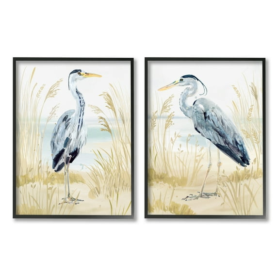 Stupell Industries Heron & Beach Reeds Animals & Insects Painting Black Framed Art Print Wall Art, 16 x 20