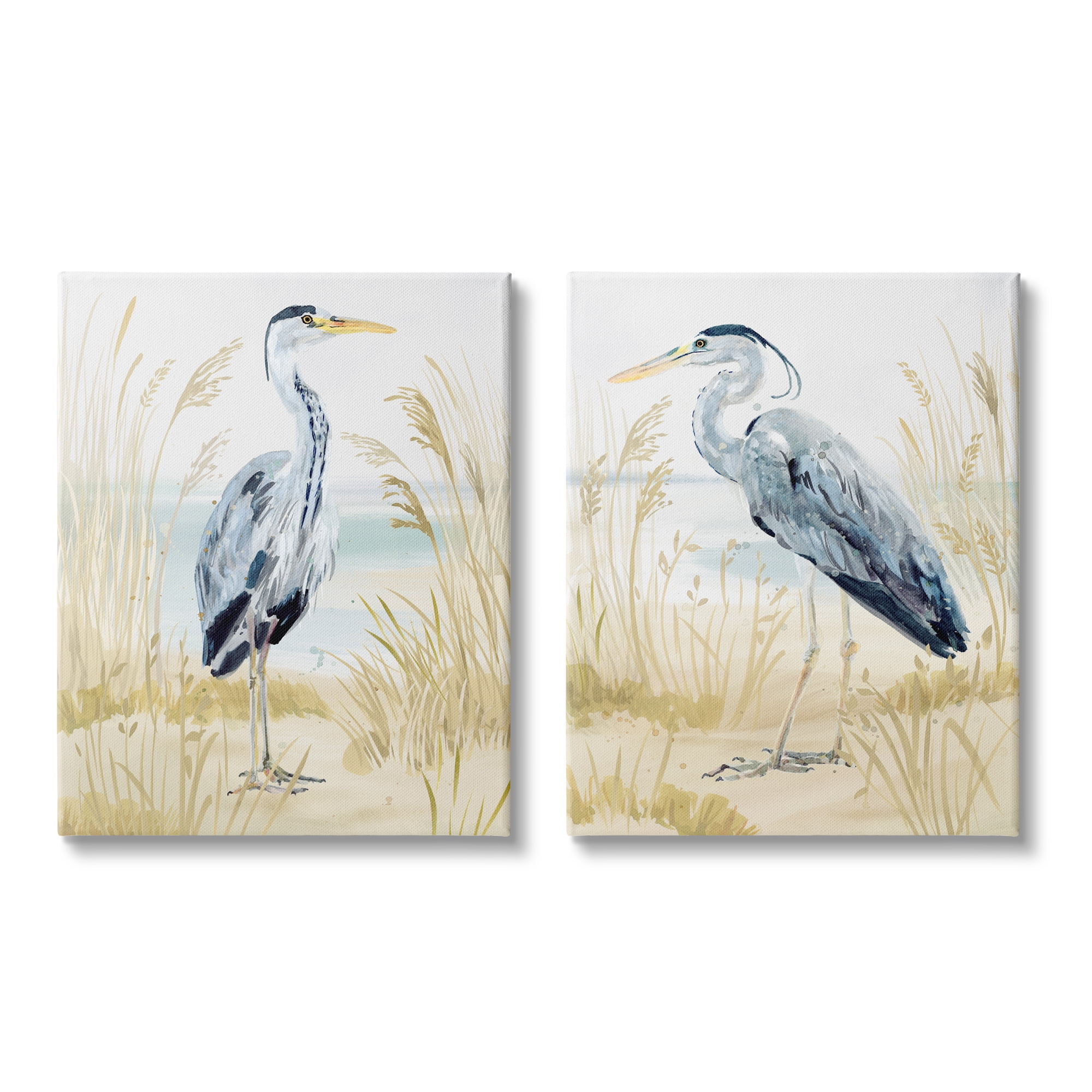 Stupell Industries Heron & Beach Reeds Animals & Insects Painting Gallery Wrapped Canvas Art Print Wall Art, 16 x 20, Set of 2