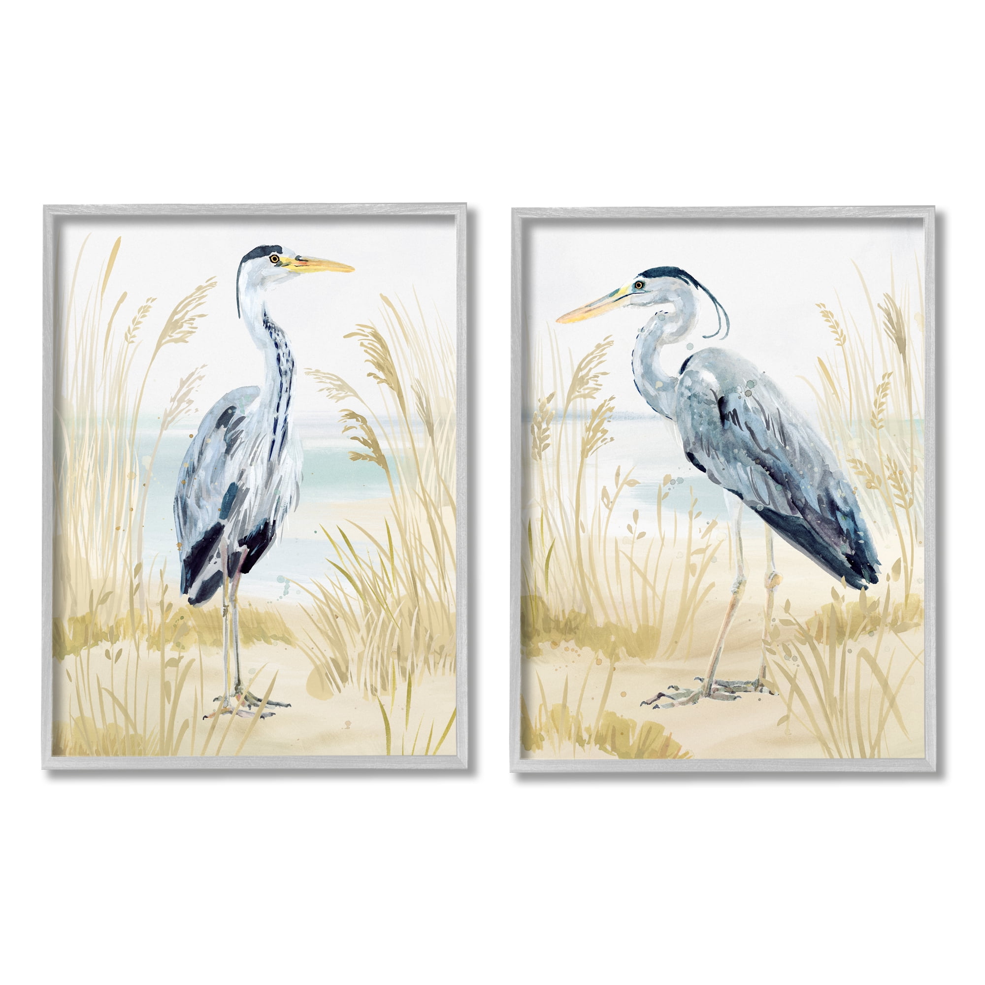 Stupell Industries Heron & Beach Reeds Animals & Insects Painting Gray Framed Art Print Wall Art, 11 x 14