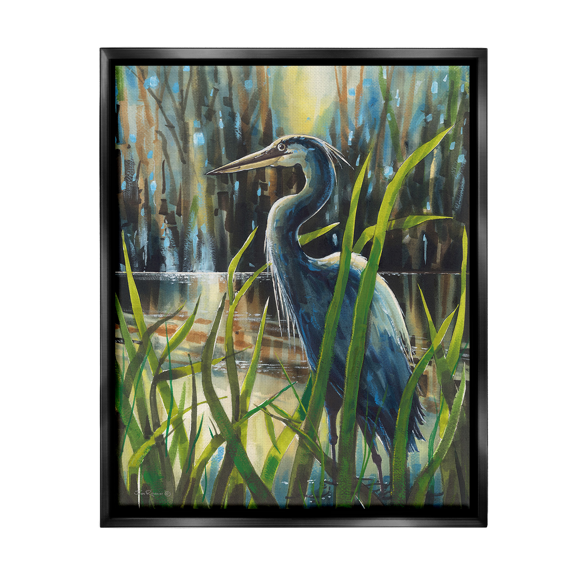 Stupell Industries Heron Between Pond Reeds Animals & Insects Painting Black Floater Framed Canvas Art Print Wall Art, 25 x 31