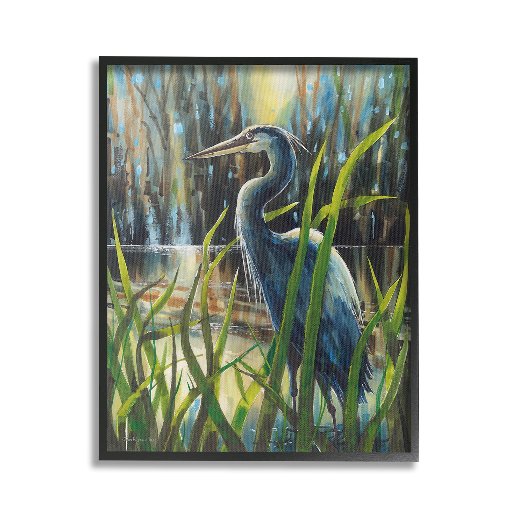 Stupell Industries Heron Between Pond Reeds Animals & Insects Painting Black Framed Art Print Wall Art, 16 x 20