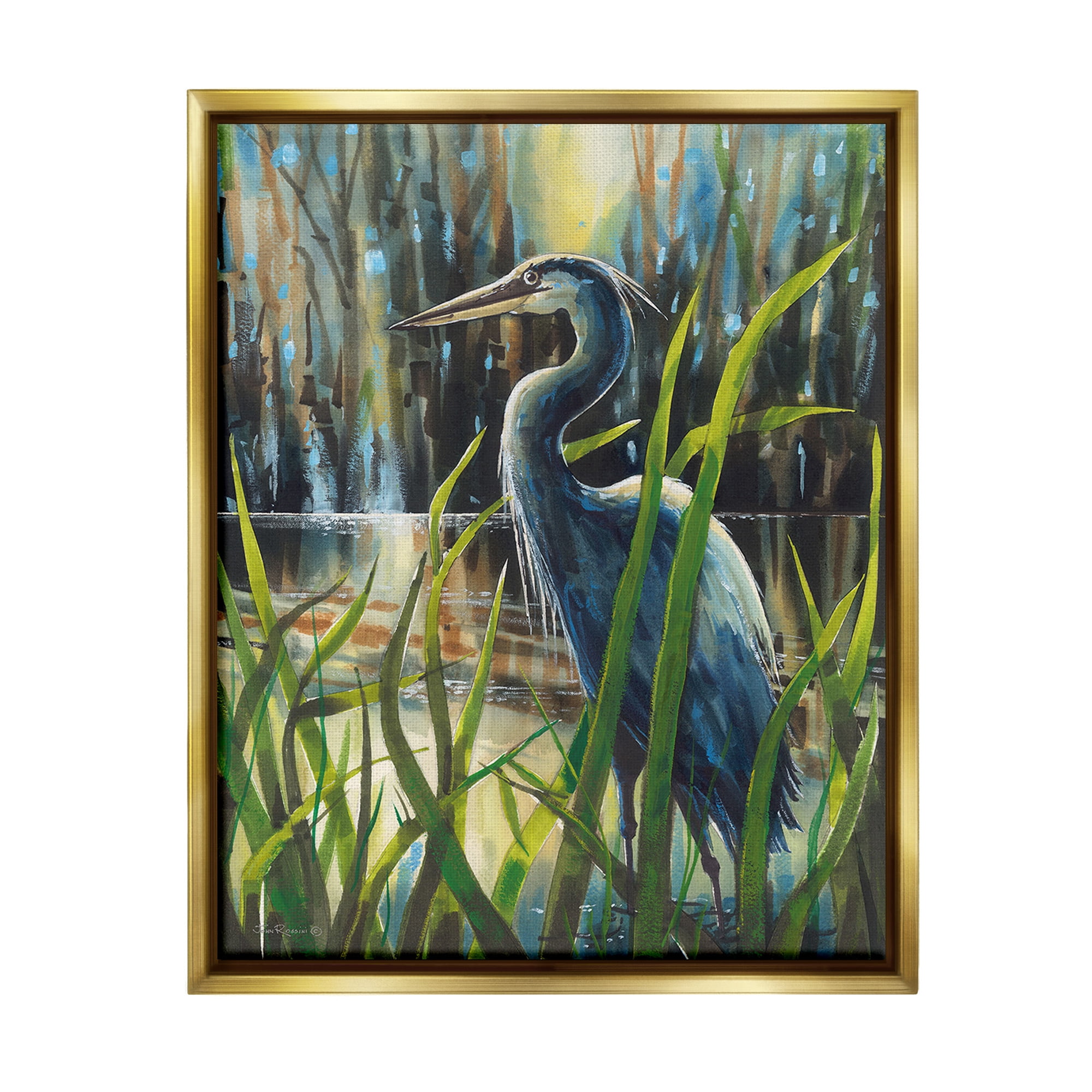 Stupell Industries Heron Between Pond Reeds Animals & Insects Painting Gold Floater Framed Canvas Art Print Wall Art, 17 x 21