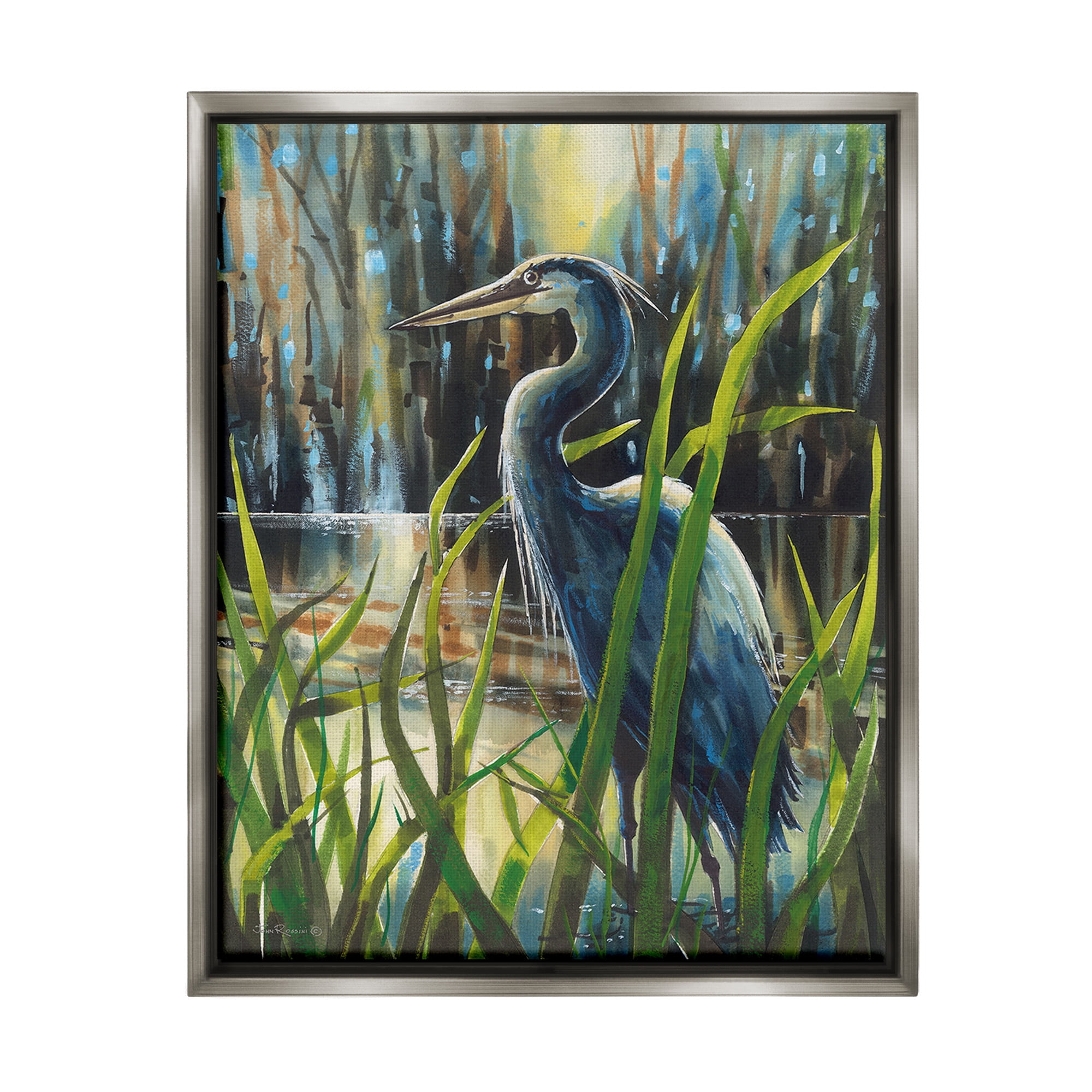 Stupell Industries Heron Between Pond Reeds Animals & Insects Painting Gray Floater Framed Canvas Art Print Wall Art, 25 x 31