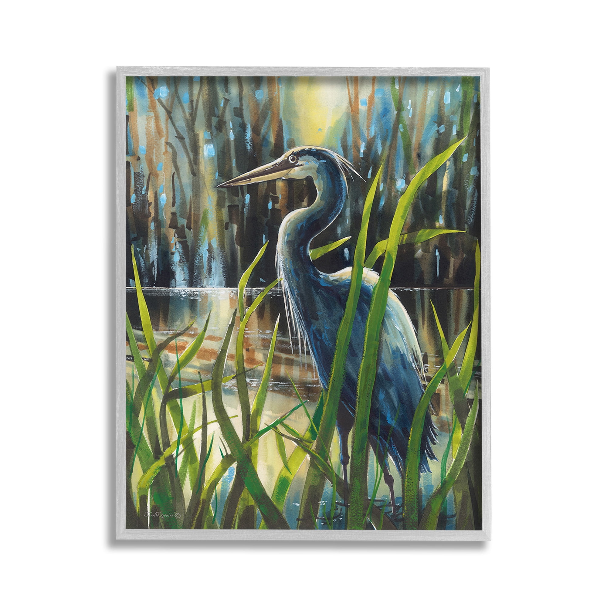 Stupell Industries Heron Between Pond Reeds Animals & Insects Painting Gray Framed Art Print Wall Art, 11 x 14