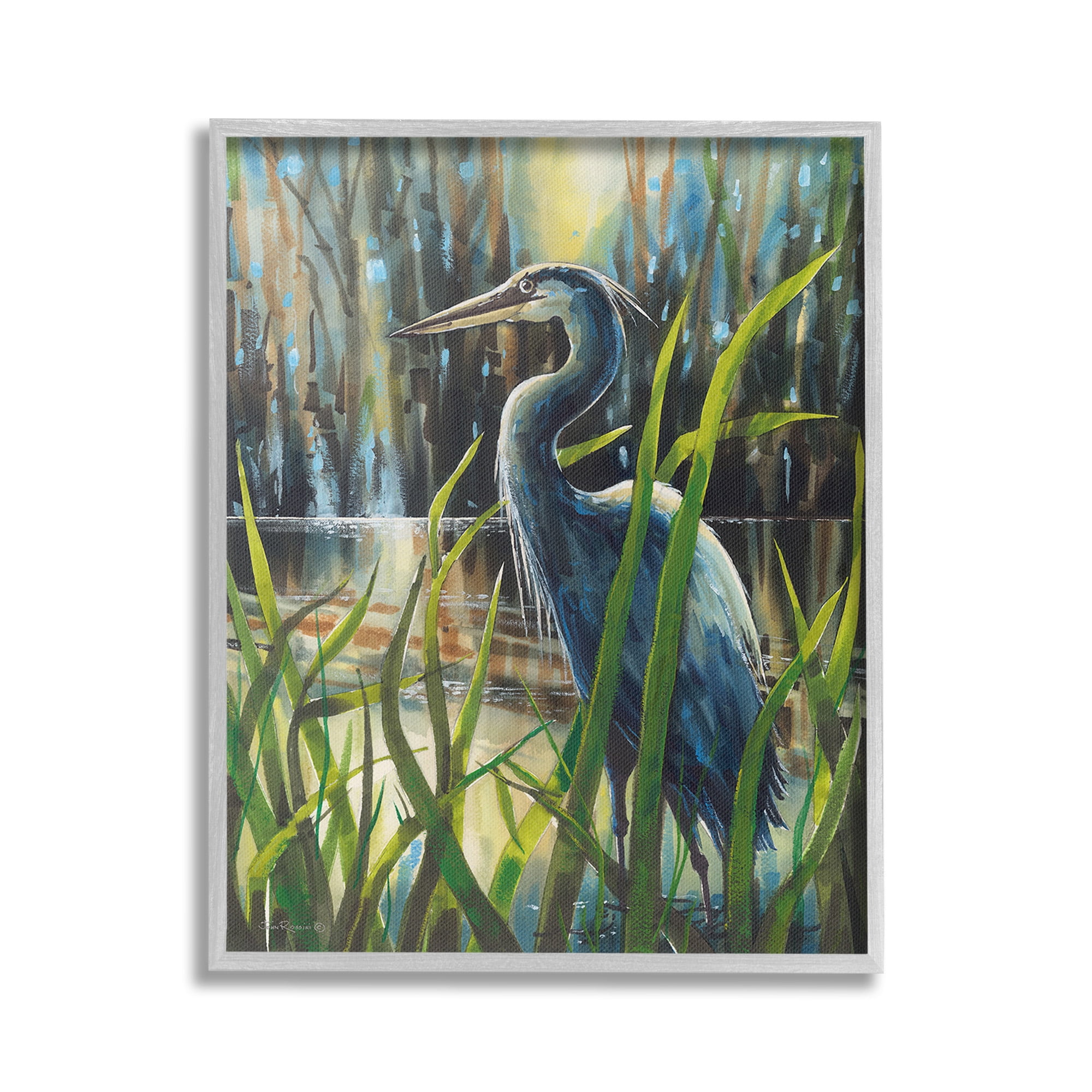 Stupell Industries Heron Between Pond Reeds Animals & Insects Painting Gray Framed Art Print Wall Art, 16 x 20