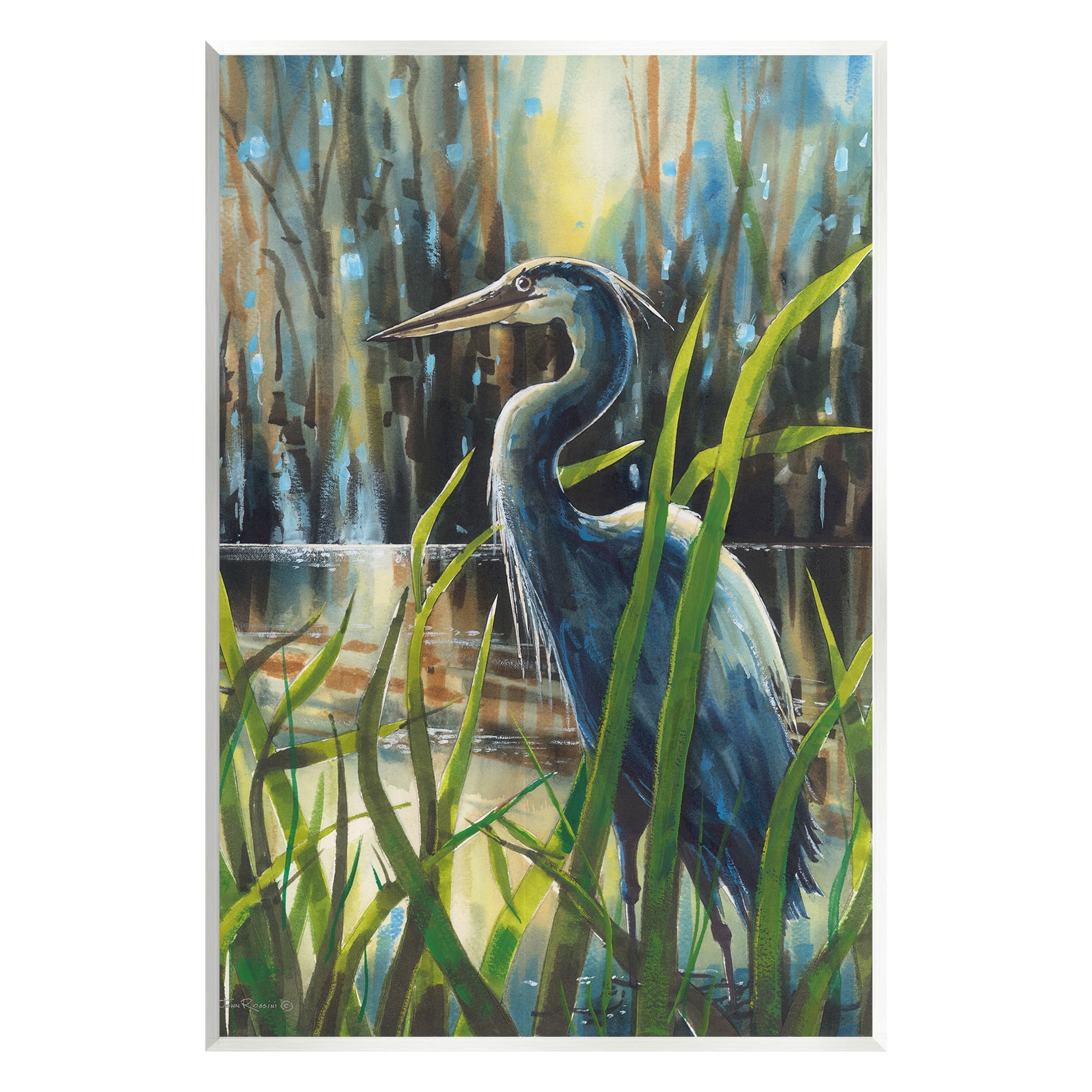 Stupell Industries Heron Between Pond Reeds Animals & Insects Painting Unframed Art Print Wall Art, 13 x 19
