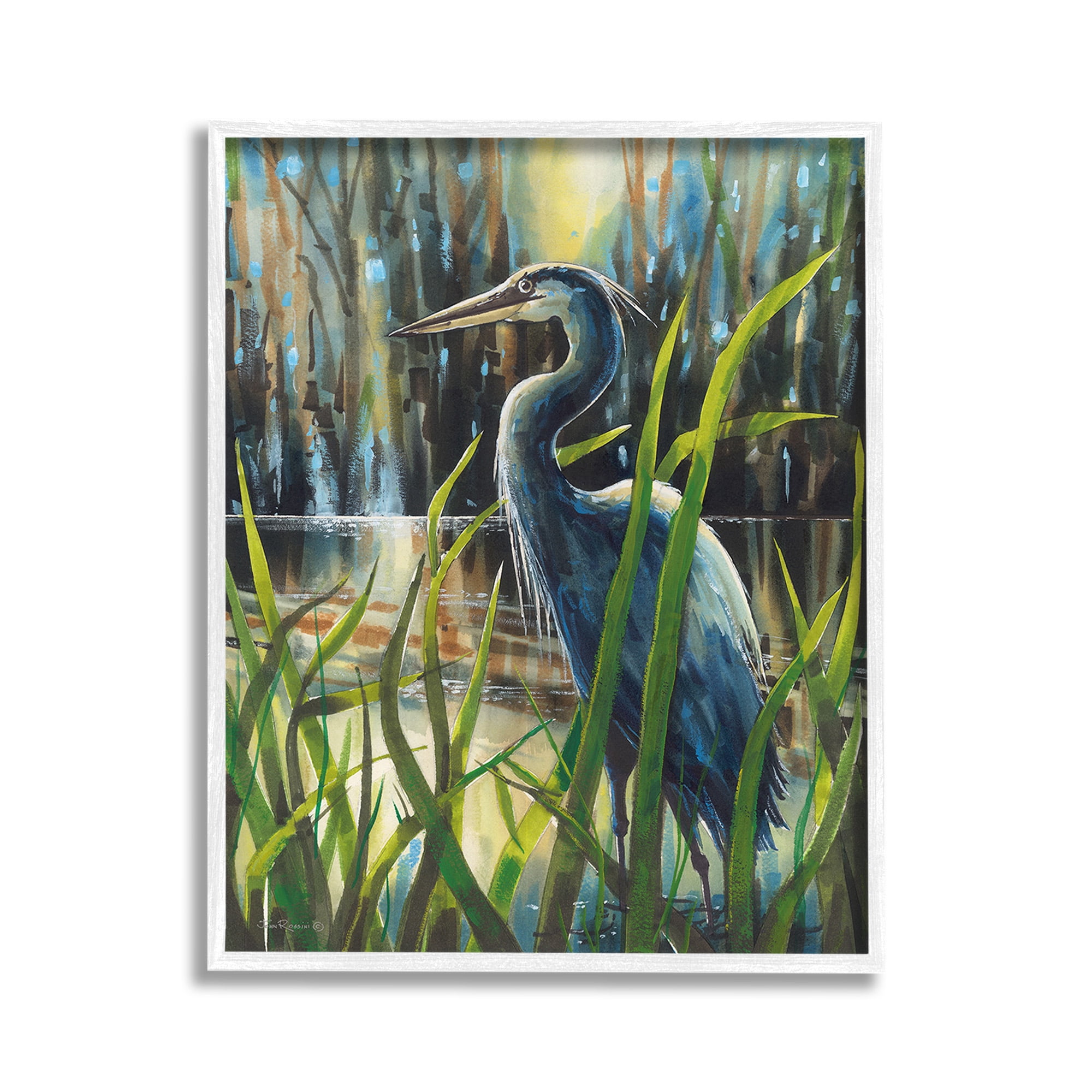 Stupell Industries Heron Between Pond Reeds Animals & Insects Painting White Framed Art Print Wall Art, 11 x 14