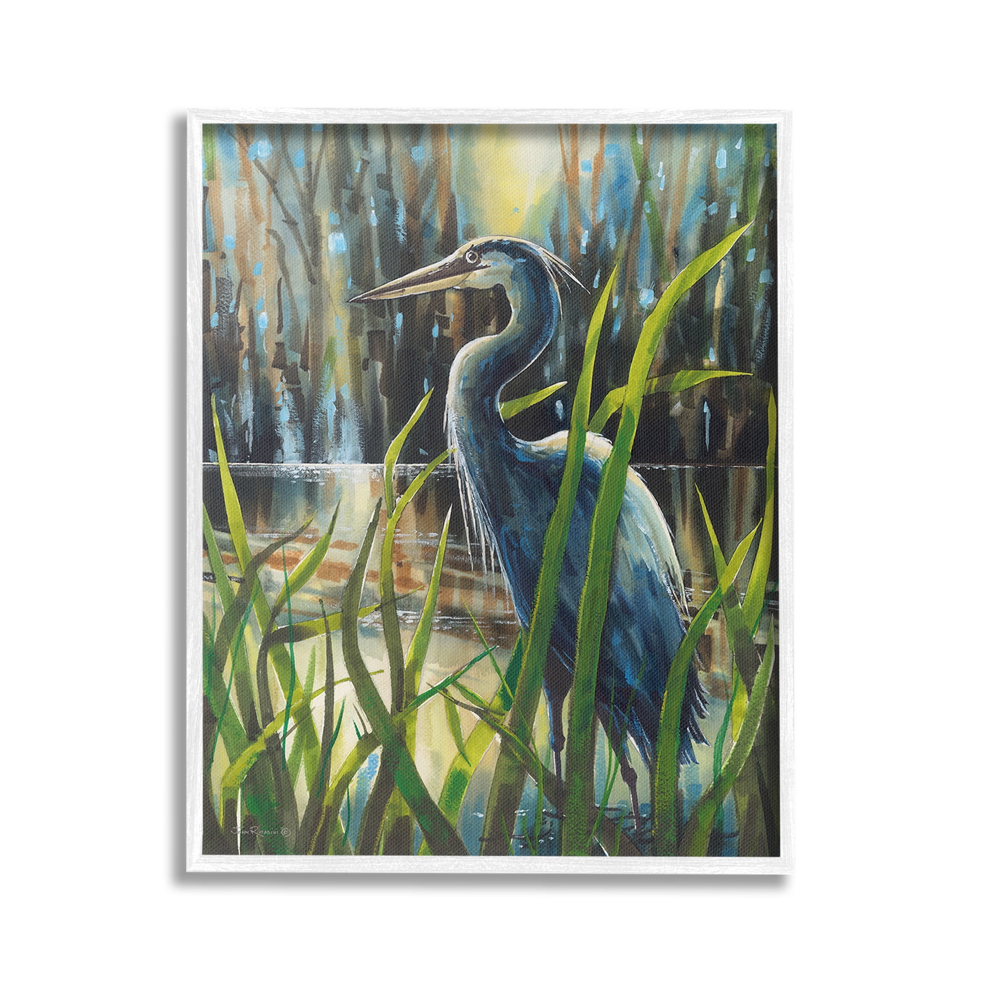 Stupell Industries Heron Between Pond Reeds Animals & Insects Painting White Framed Art Print Wall Art, 16 x 20