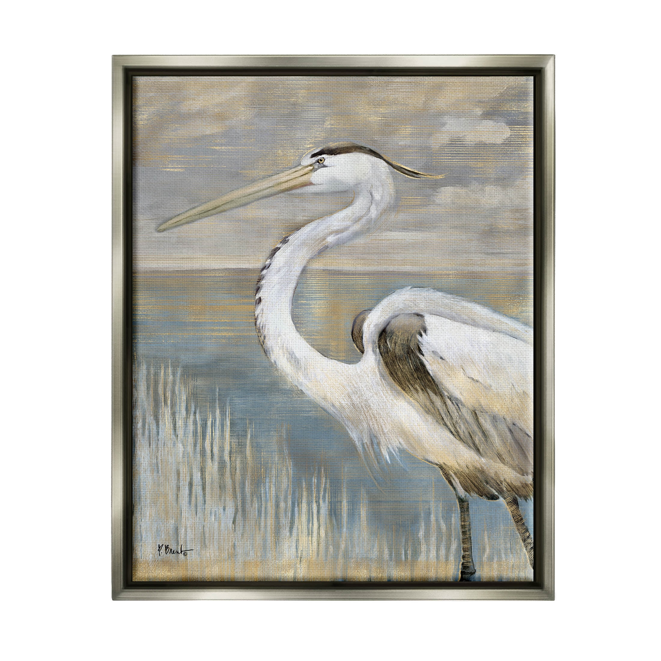 Stupell Industries Heron Bird Abstract Marshland Coast Painting Luster Gray Floating Framed Canvas Print Wall Art, Design by Paul Brent