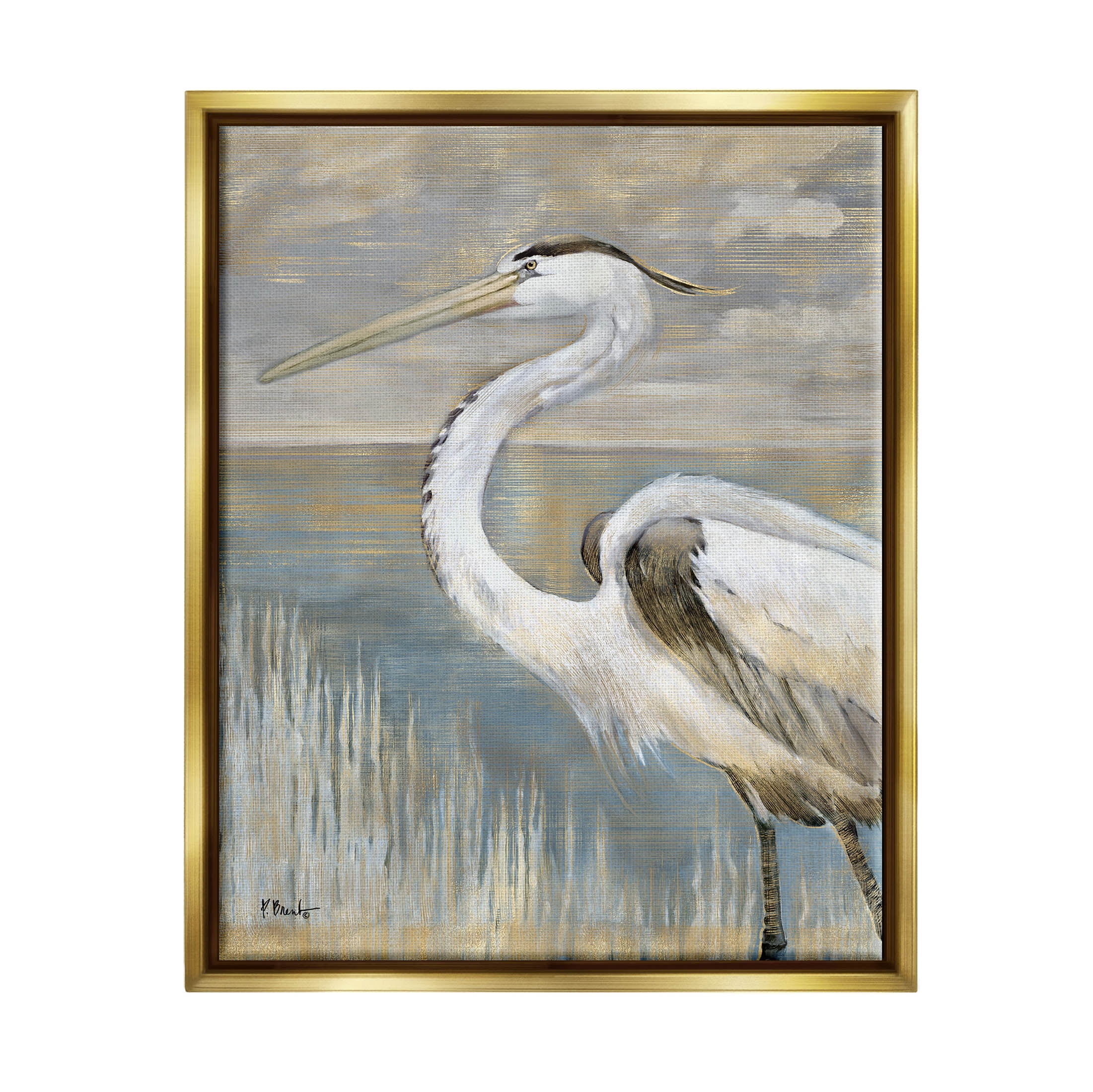 Stupell Industries Heron Bird Abstract Marshland Coast Painting Metallic Gold Floating Framed Canvas Print Wall Art, Design by Paul Brent