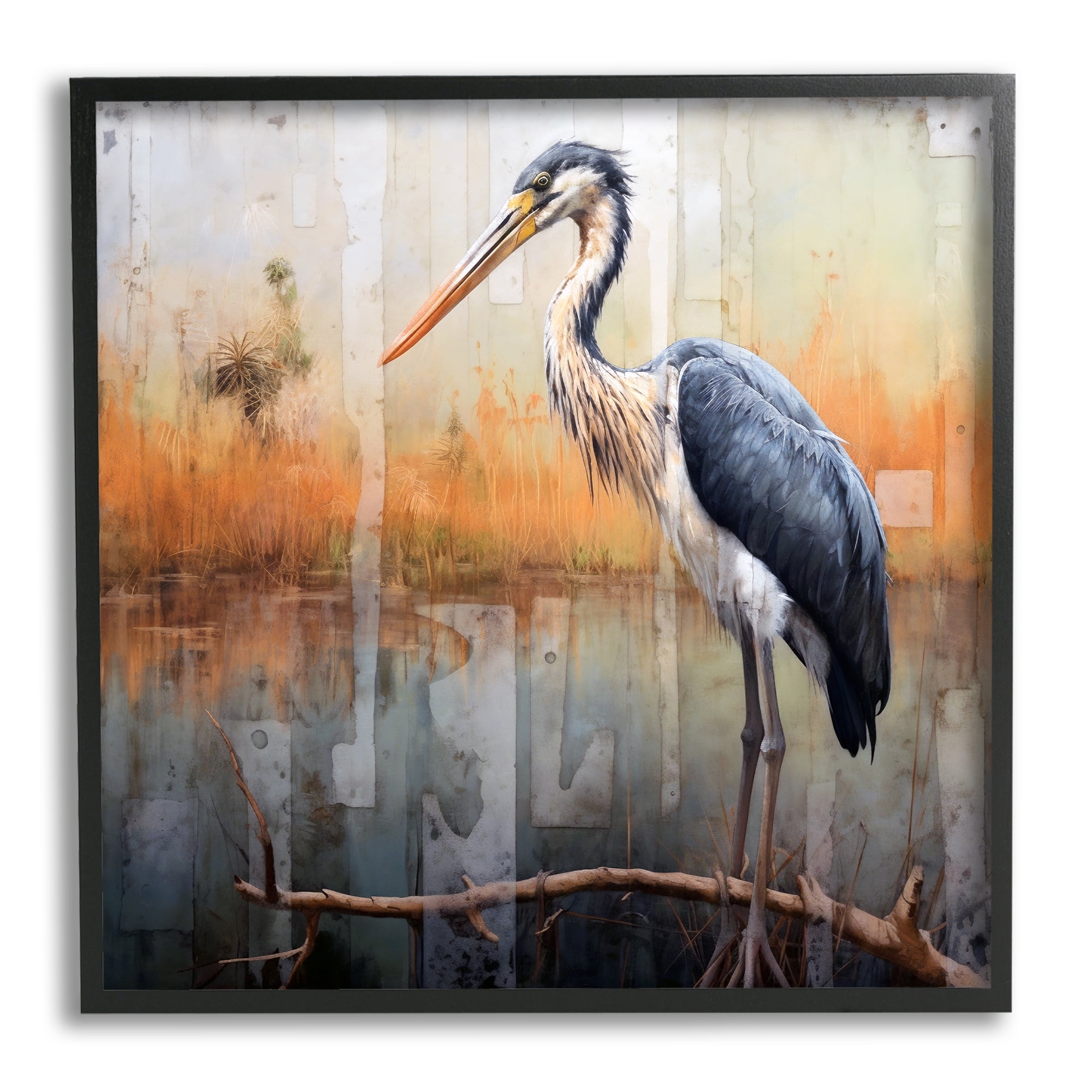 Stupell Industries Heron Bird Abstraction Animals & Insects Painting Black Framed Art Print Wall Art, 24 x 24