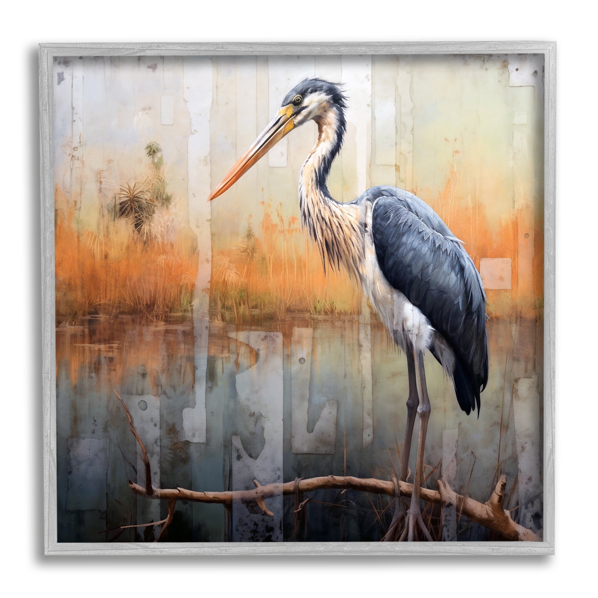 Stupell Industries Heron Bird Abstraction Animals & Insects Painting Gray Framed Art Print Wall Art, 12 x 12