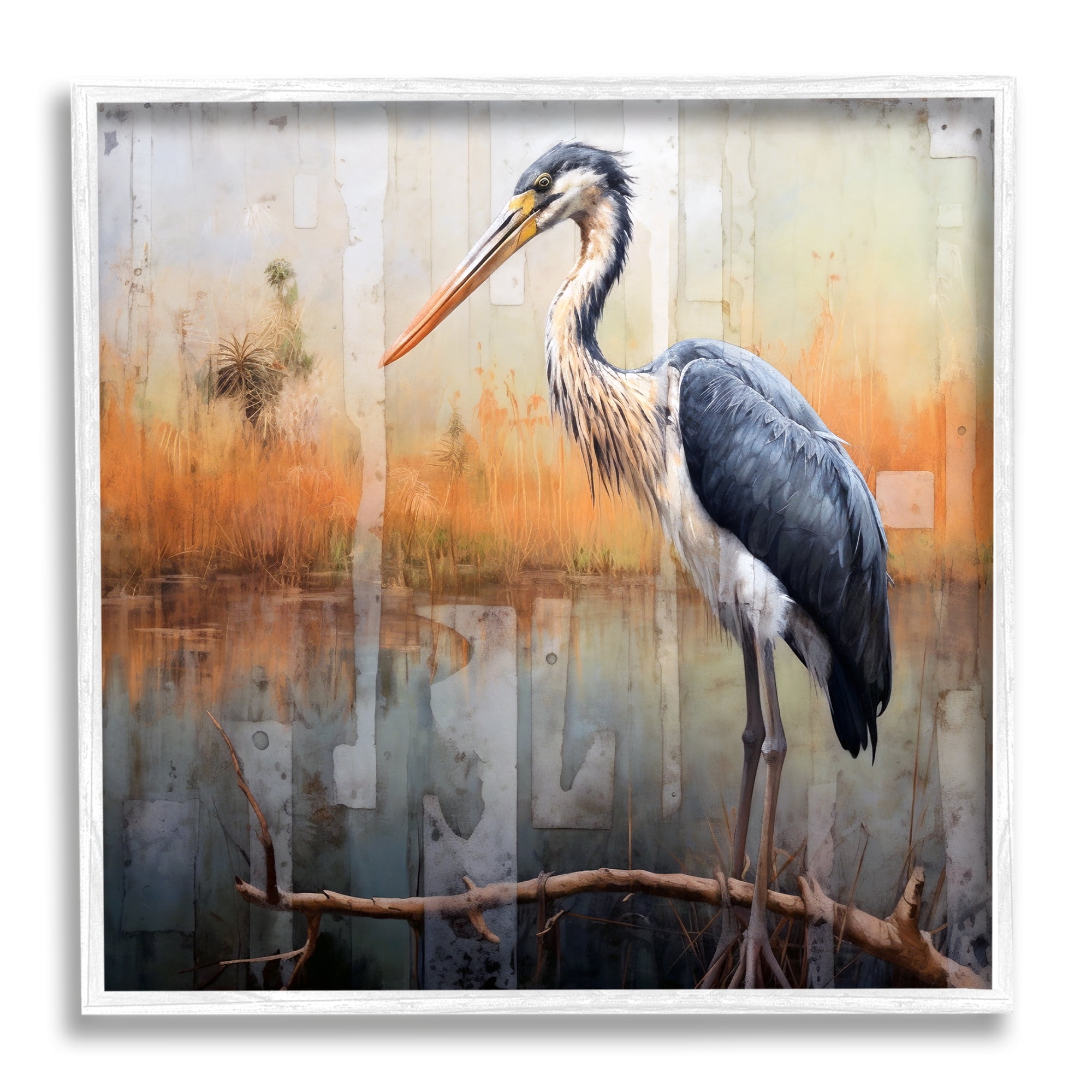 Stupell Industries Heron Bird Abstraction Animals & Insects Painting White Framed Art Print Wall Art, 24 x 24