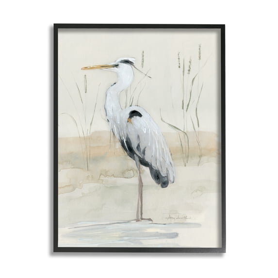 Stupell Industries Heron Bird Riverbank Watercolor Coastal Painting Black Framed Art Print Wall Art