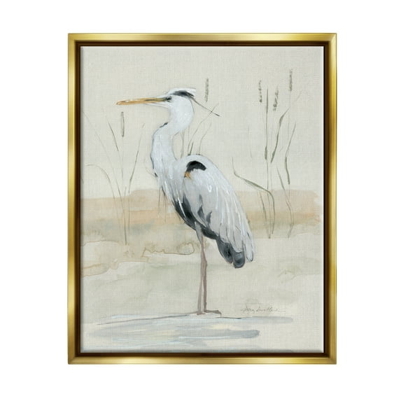 Stupell Industries Heron Bird Riverbank Watercolor Coastal Painting Gold Floater Framed Art Print Wall Art