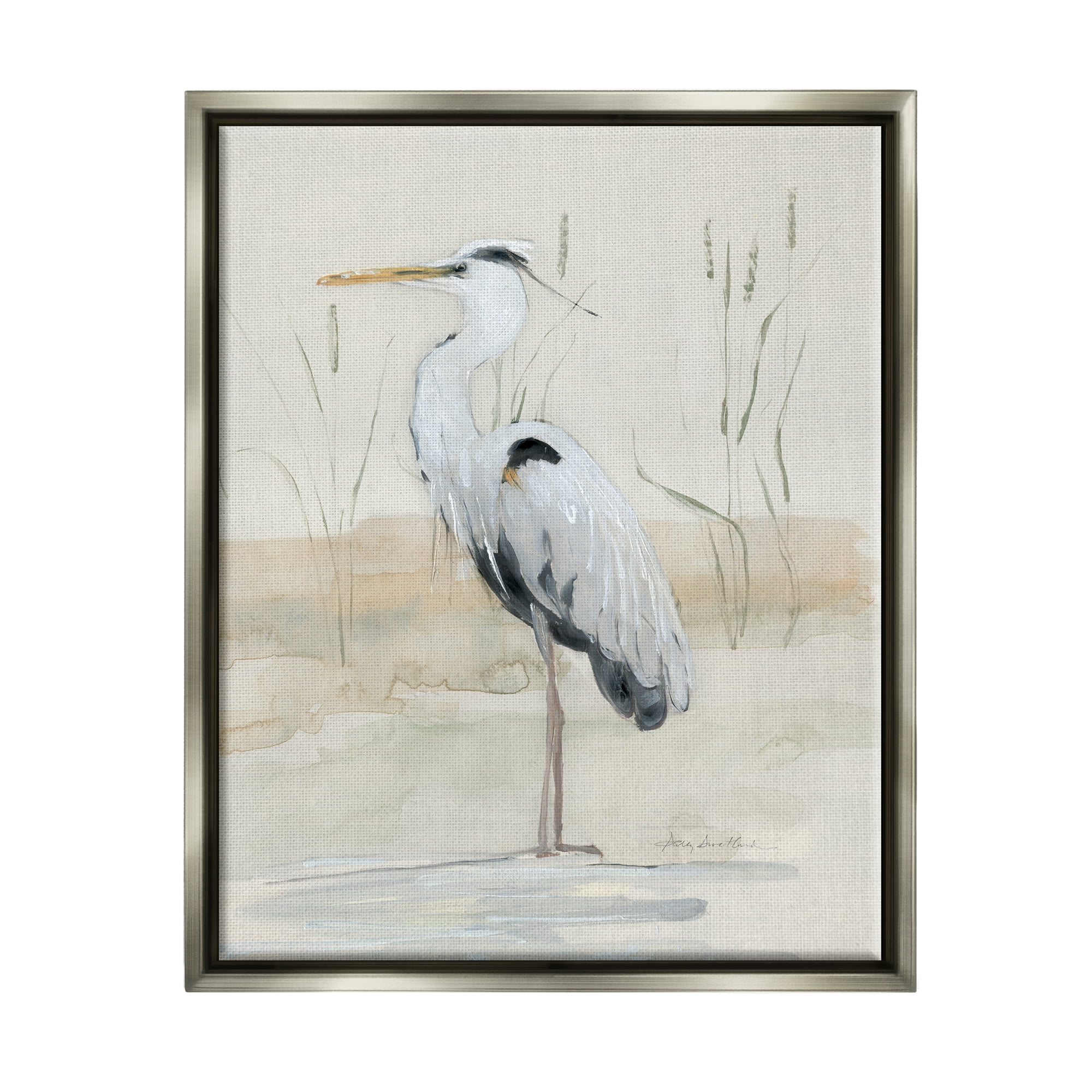 Stupell Industries Heron Bird Riverbank Watercolor Coastal Painting Gray Floater Framed Art Print Wall Art