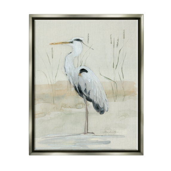 Stupell Industries Heron Bird Riverbank Watercolor Coastal Painting Gray Floater Framed Art Print Wall Art
