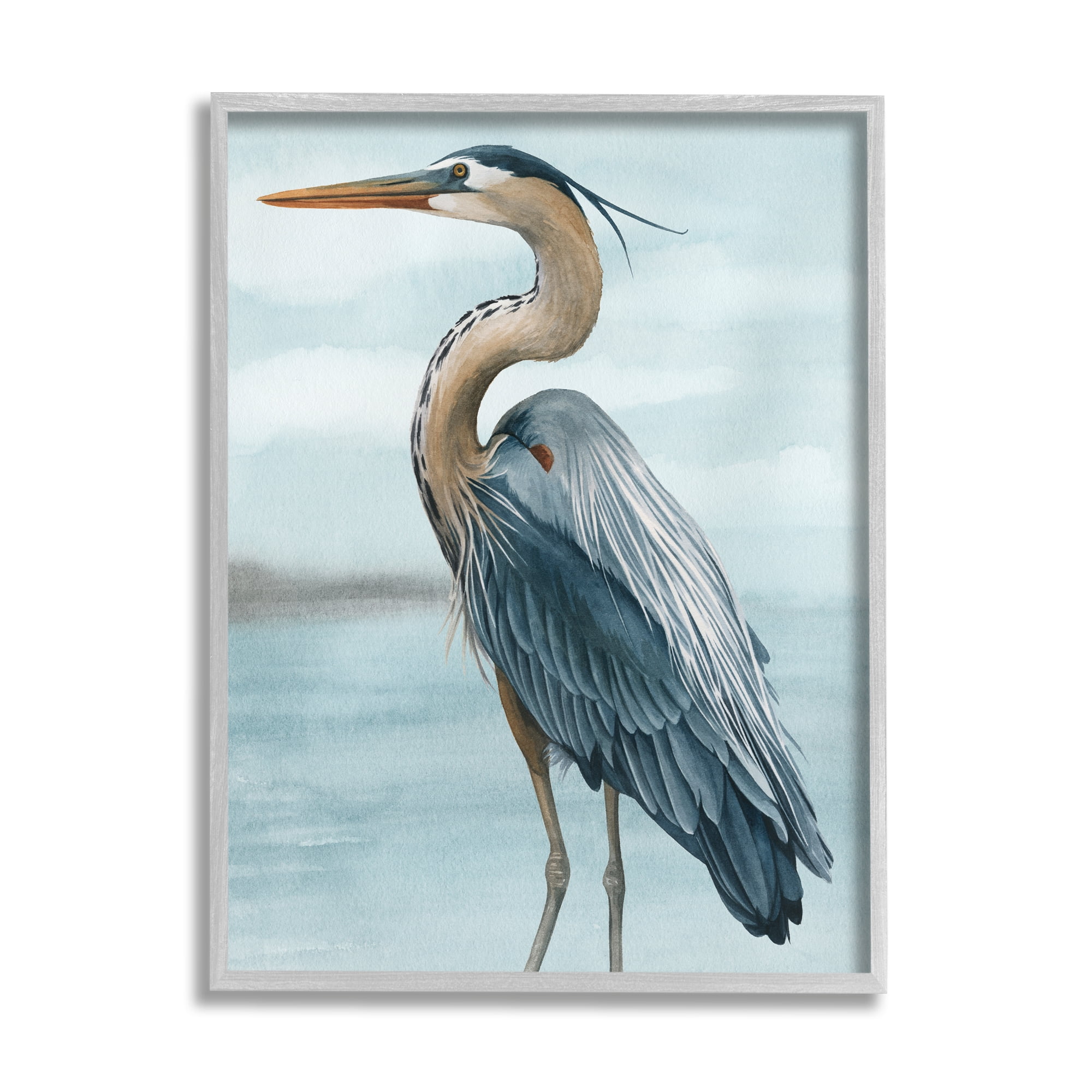 Stupell Industries Heron Bird on Beach Animals & Insects Painting Gray Framed Art Print Wall Art, 24 x 30