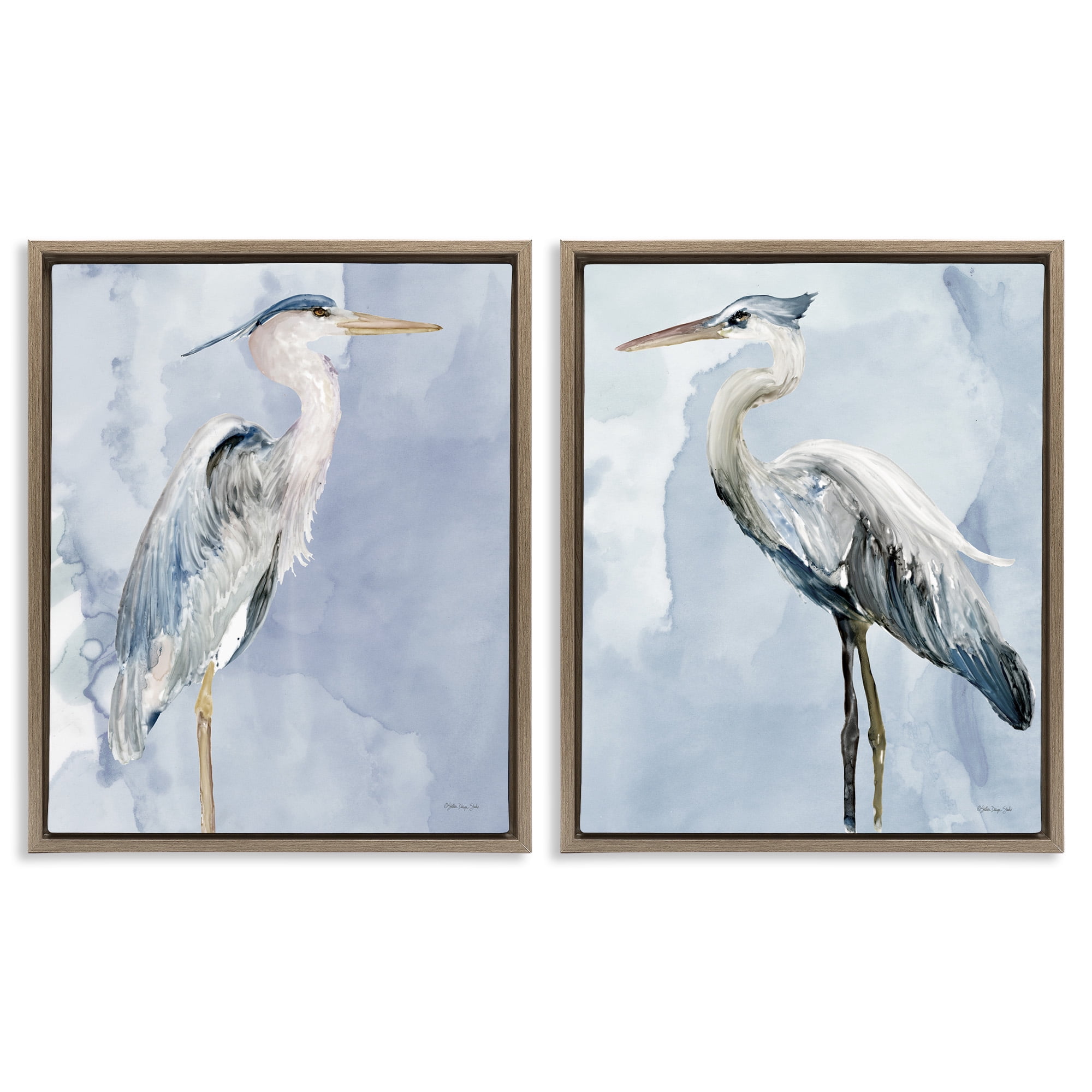 Stupell Industries Heron Birds Standing Blue Sky Animals & Insects Painting Brown Floater Framed Canvas Art Print Wall Art, 25 x 31, Set of 2