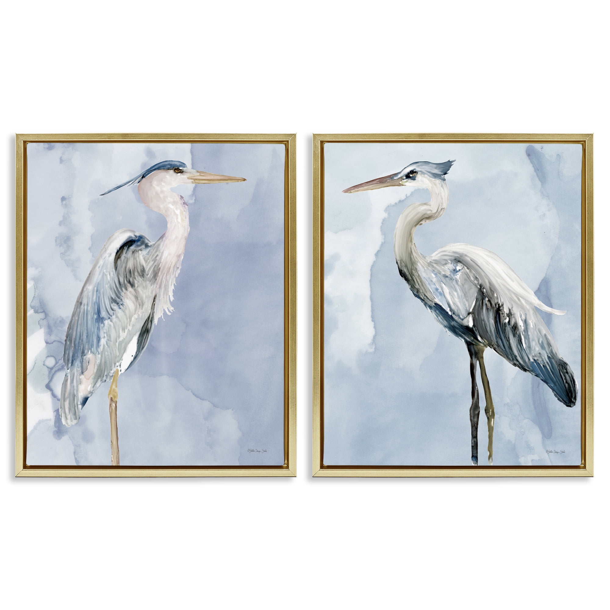 Stupell Industries Heron Birds Standing Blue Sky Animals & Insects Painting Gold Floater Framed Canvas Art Print Wall Art, 17 x 21, Set of 2