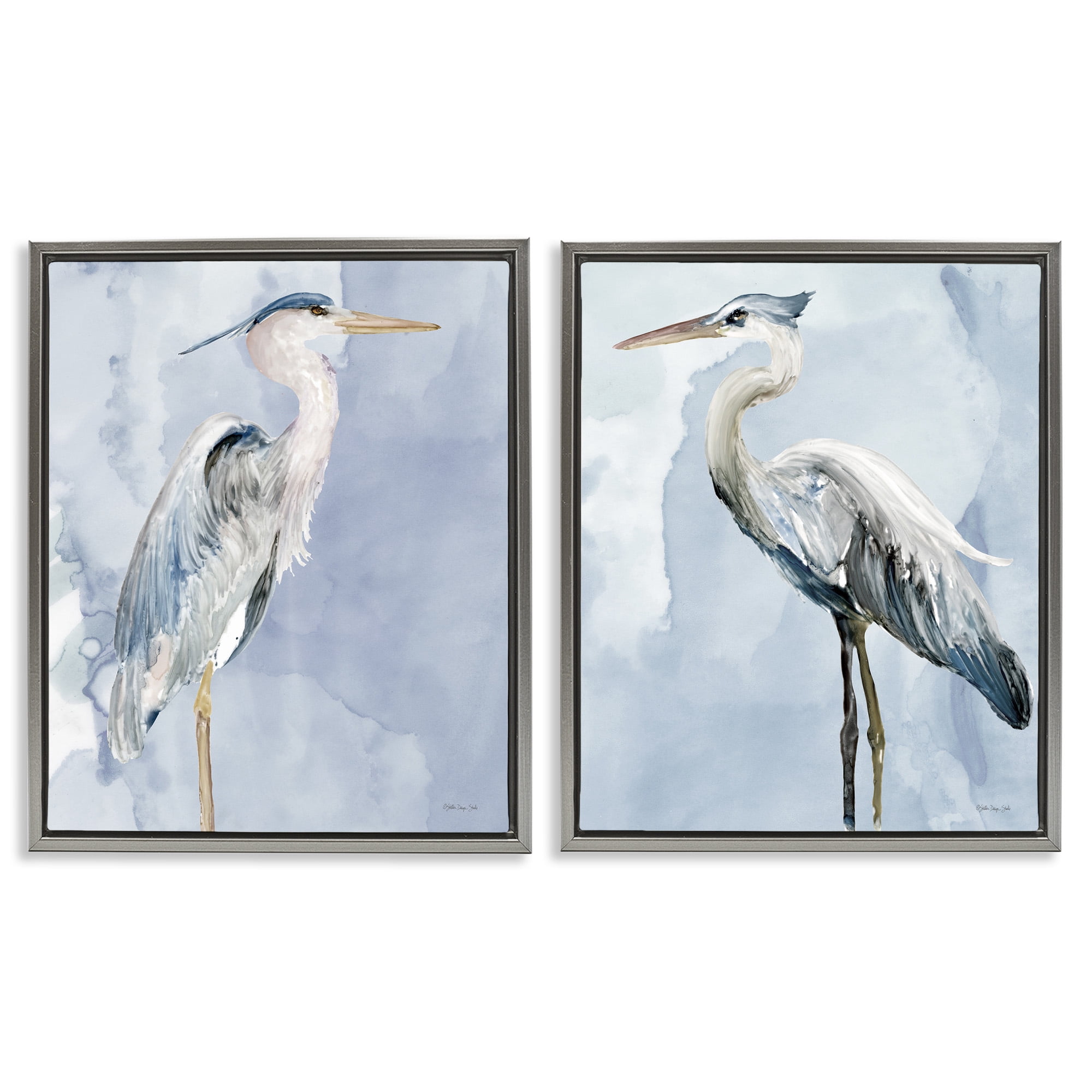Stupell Industries Heron Birds Standing Blue Sky Animals & Insects Painting Gray Floater Framed Canvas Art Print Wall Art, 17 x 21, Set of 2