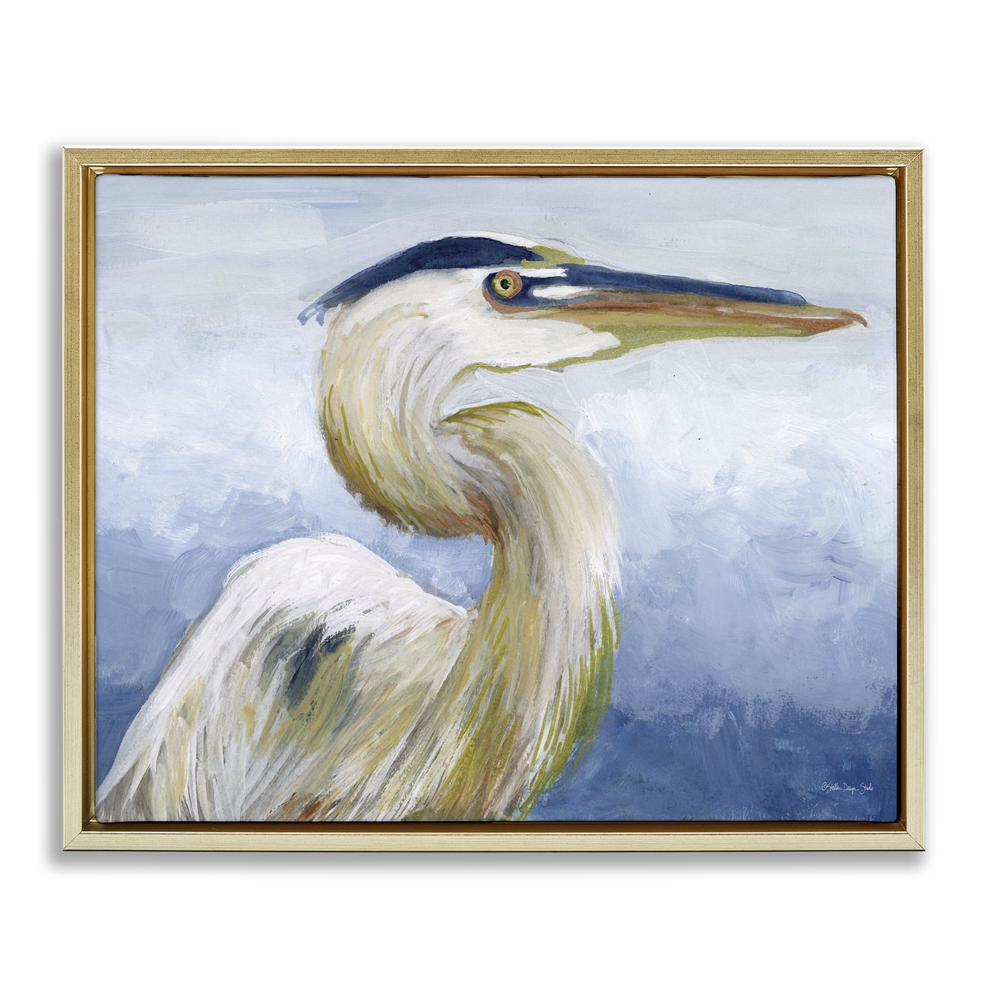 Stupell Industries Heron & Blue Gradient Animals & Insects Painting Gold Floater Framed Canvas Art Print Wall Art, 21 x 17