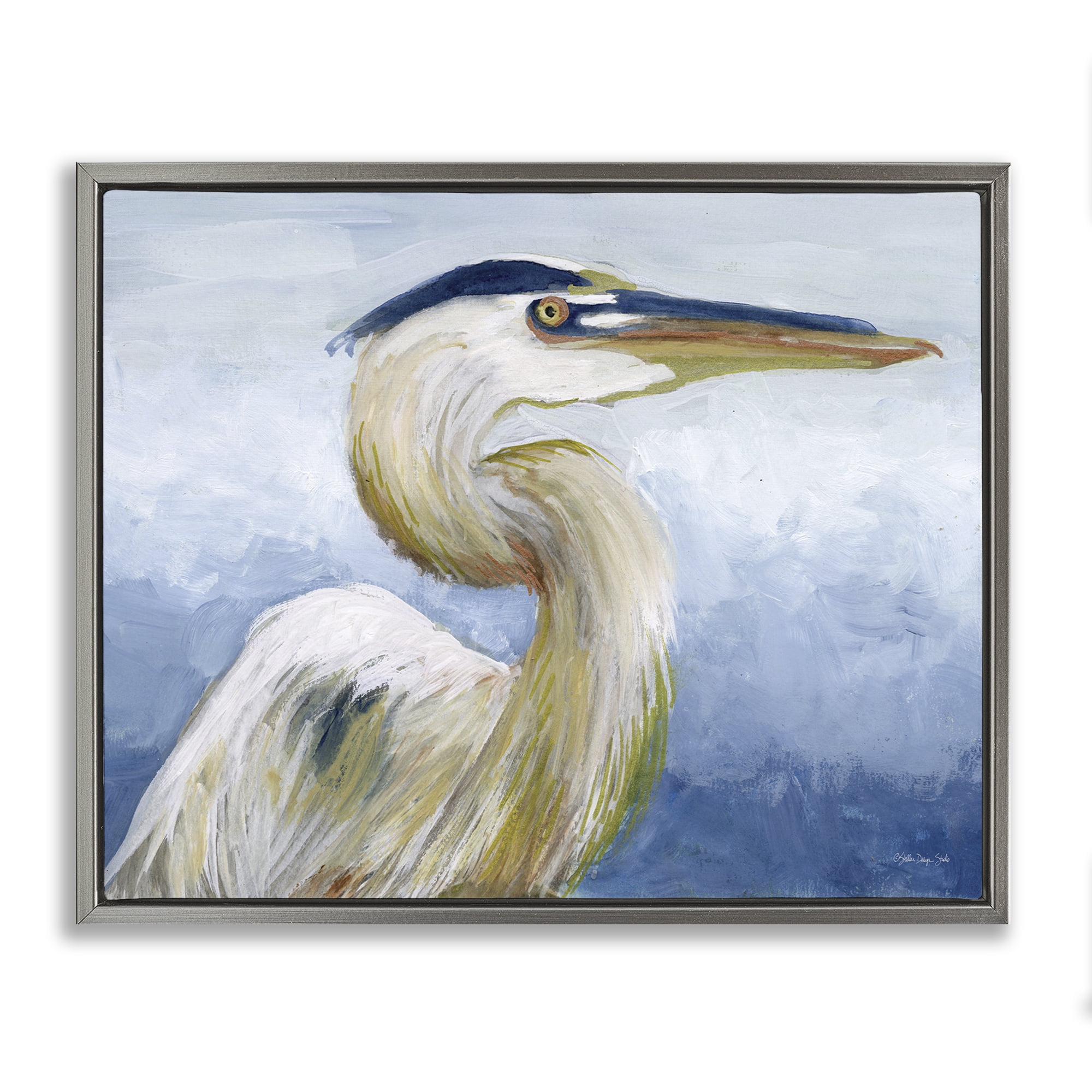 Stupell Industries Heron & Blue Gradient Animals & Insects Painting Gray Floater Framed Canvas Art Print Wall Art, 21 x 17
