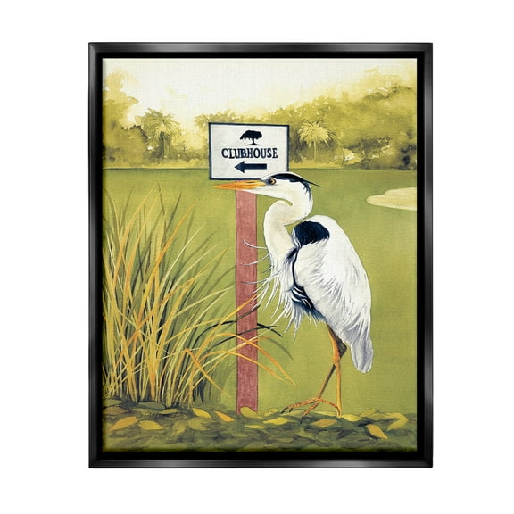 Stupell Industries Heron & Clubhouse Sign Animals & Insects Painting Black Floater Framed Canvas Art Print Wall Art, 17 x 21