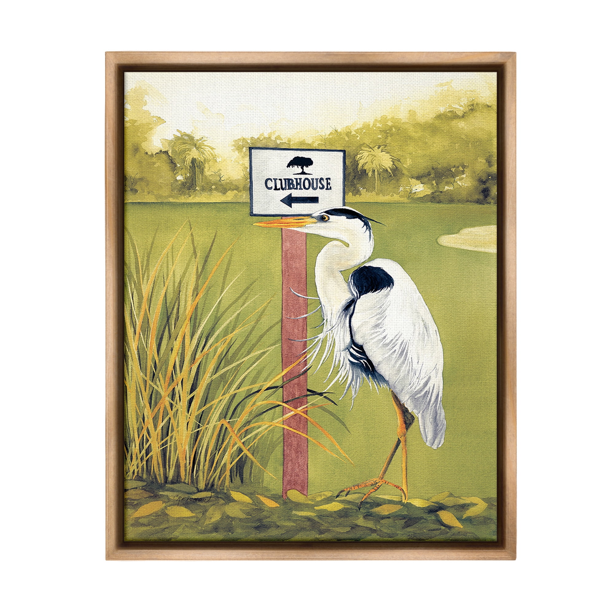 Stupell Industries Heron & Clubhouse Sign Animals & Insects Painting Brown Floater Framed Canvas Art Print Wall Art, 25 x 31