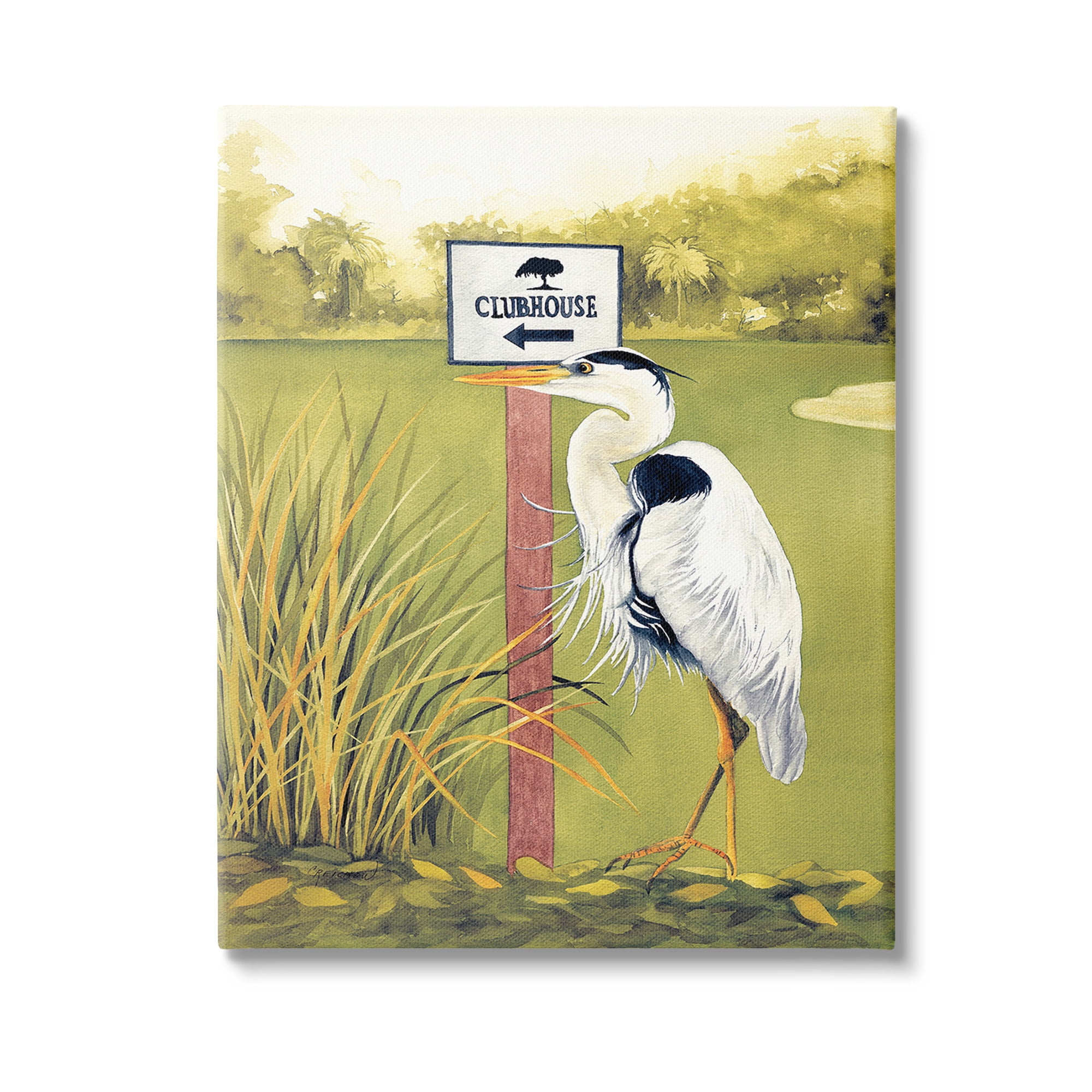 Stupell Industries Heron & Clubhouse Sign Animals & Insects Painting Gallery Wrapped Canvas Art Print Wall Art, 36 x 48