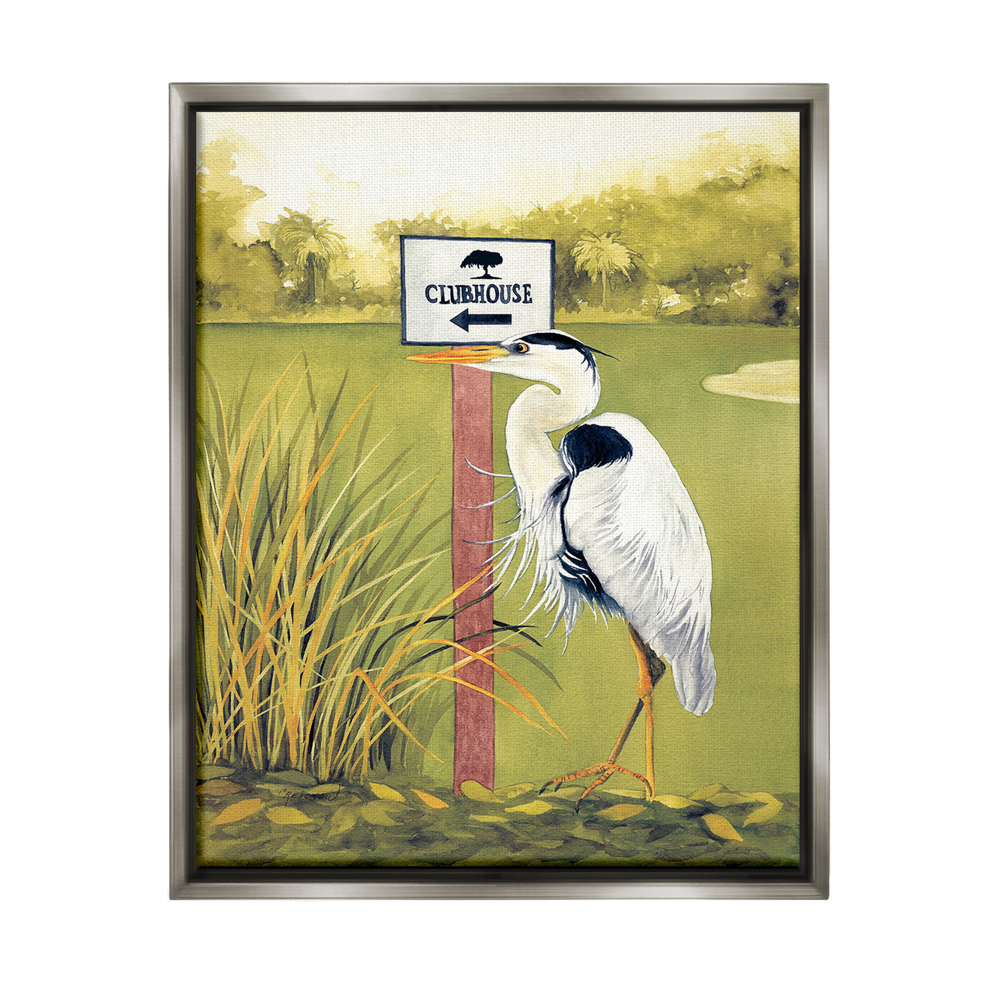 Stupell Industries Heron & Clubhouse Sign Animals & Insects Painting Gray Floater Framed Canvas Art Print Wall Art, 25 x 31