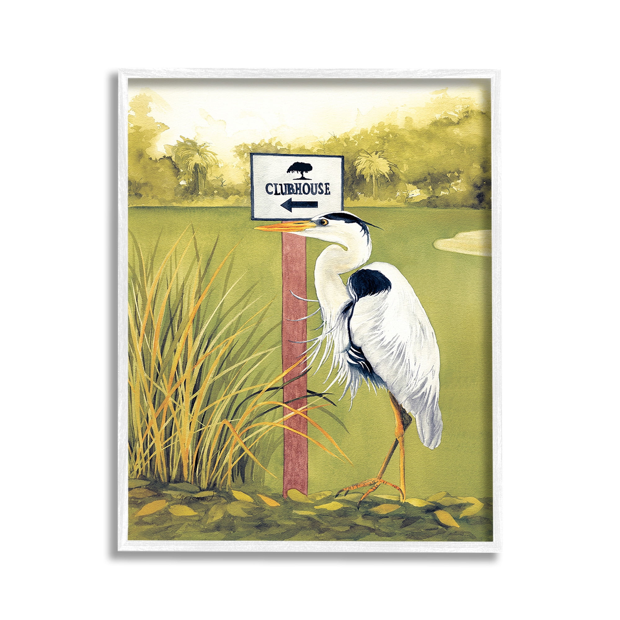 Stupell Industries Heron & Clubhouse Sign Animals & Insects Painting White Framed Art Print Wall Art, 11 x 14