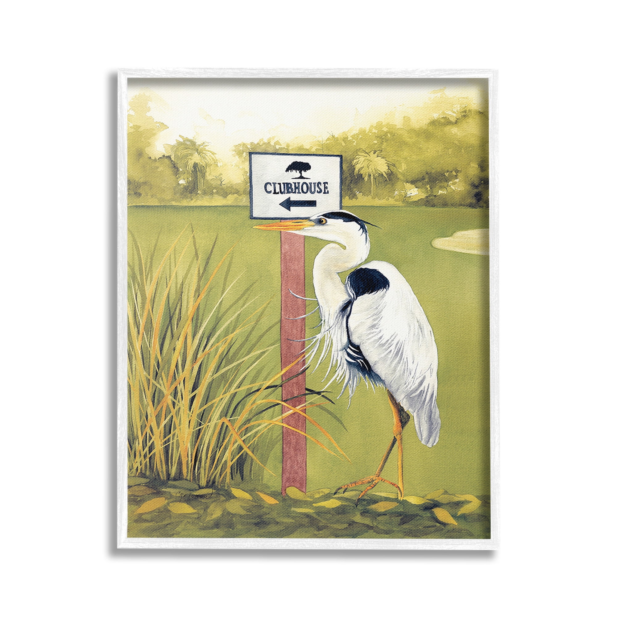 Stupell Industries Heron & Clubhouse Sign Animals & Insects Painting White Framed Art Print Wall Art, 24 x 30