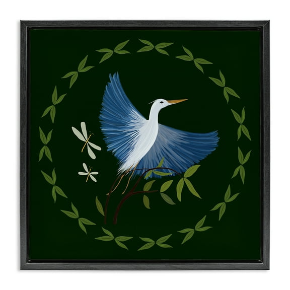Stupell Industries Heron & Dragonflies Wreath Animals Painting Black Floater Framed Canvas Art Print Wall Art, 18 x 18