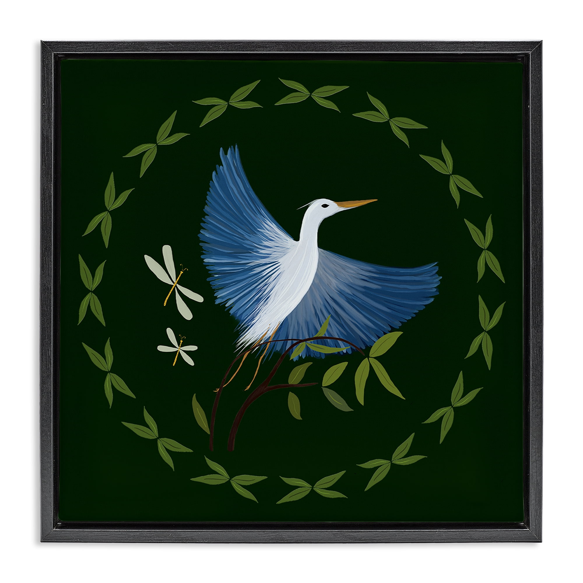 Stupell Industries Heron & Dragonflies Wreath Animals Painting Black Floater Framed Canvas Art Print Wall Art, 25 x 25
