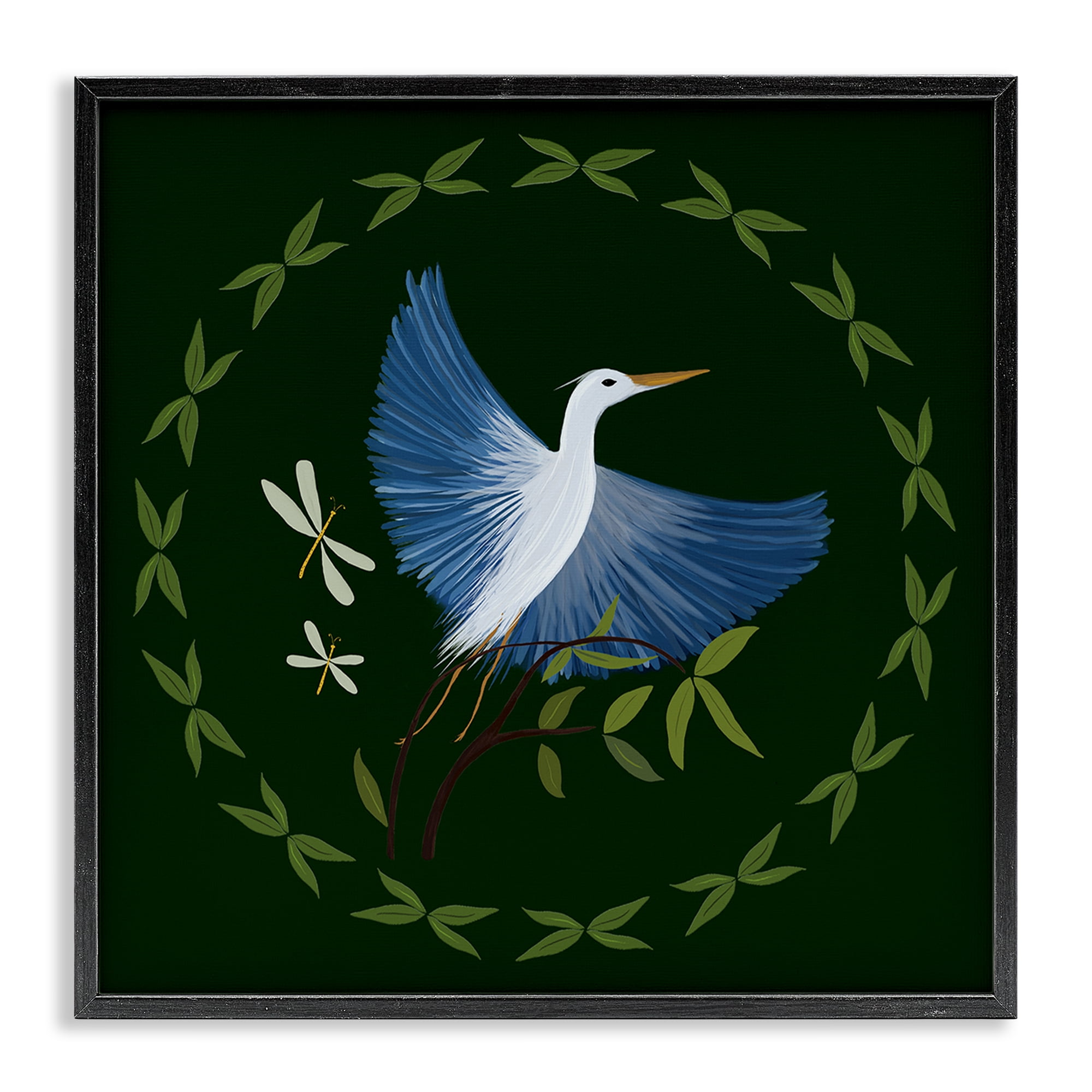 Stupell Industries Heron & Dragonflies Wreath Animals Painting Black Framed Art Print Wall Art, 24 x 24