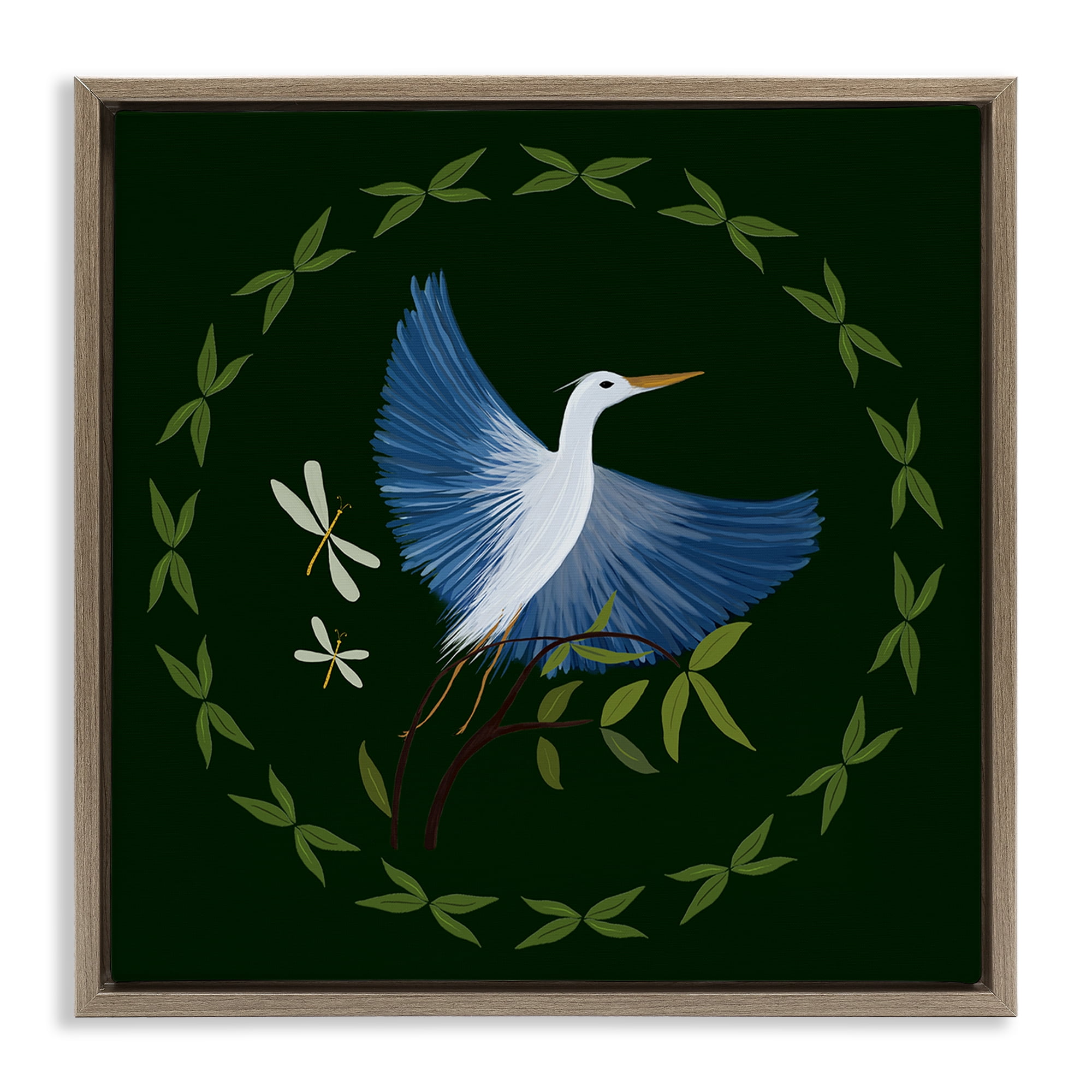 Stupell Industries Heron & Dragonflies Wreath Animals Painting Brown Floater Framed Canvas Art Print Wall Art, 18 x 18