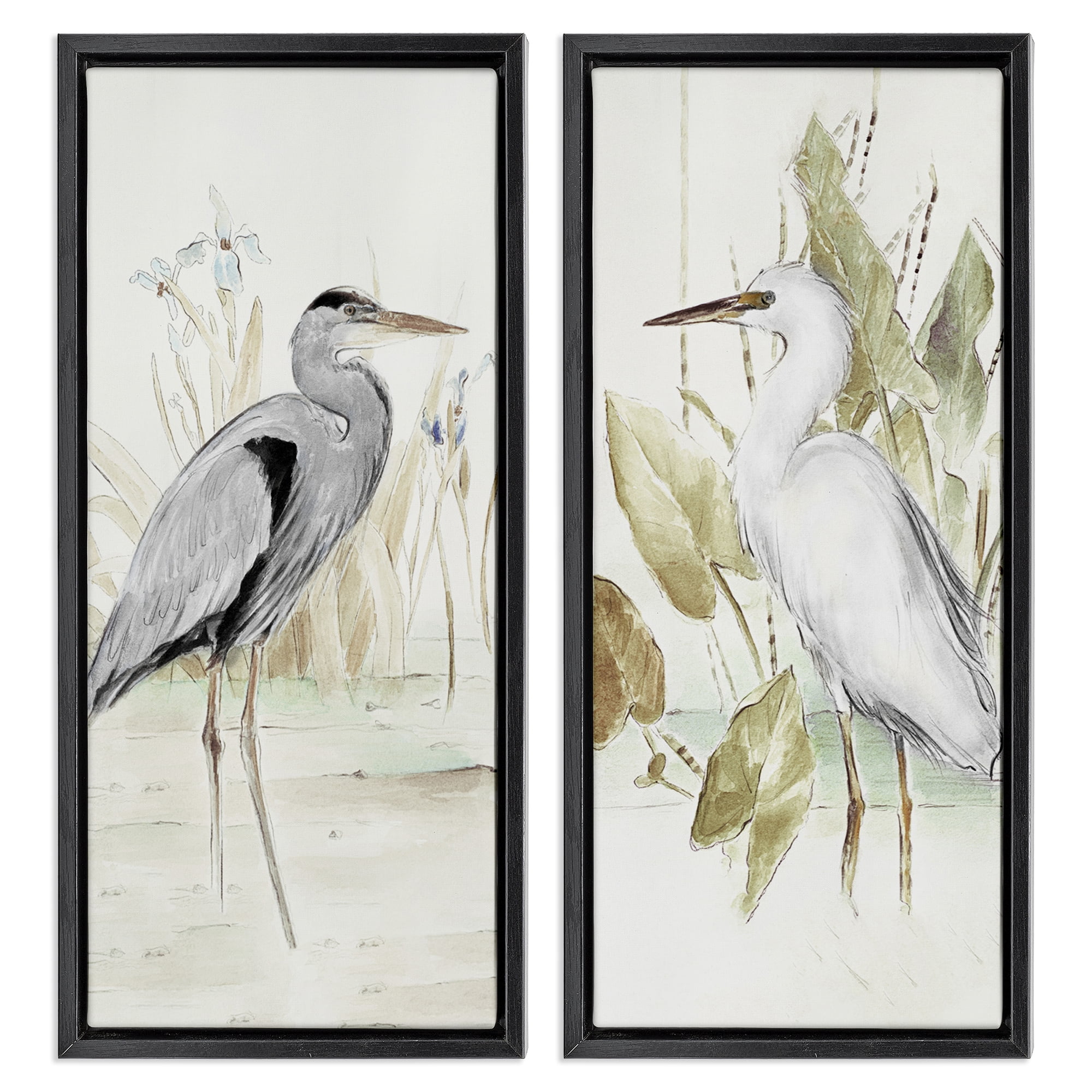 Stupell Industries Heron Egret Marsh Landscape Animals Painting Black Floater Framed Canvas Art Print Wall Art, 11 x 25, Set of 2