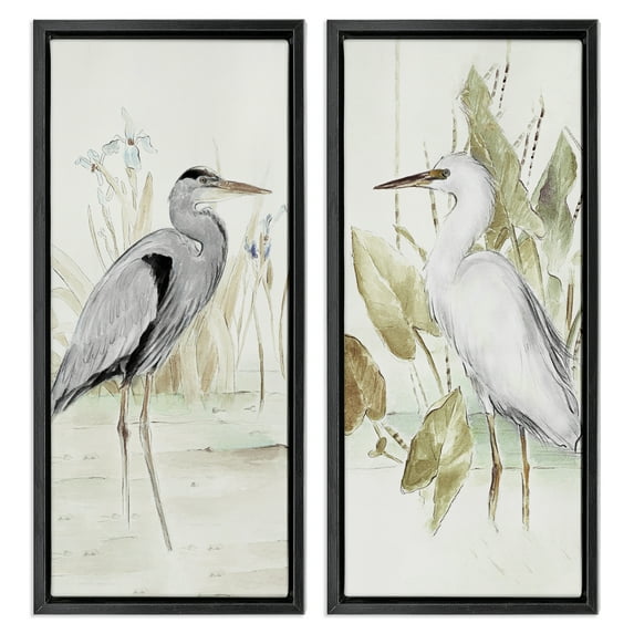 Stupell Industries Heron Egret Marsh Landscape Animals Painting Black Floater Framed Canvas Art Print Wall Art, 14 x 31, Set of 2