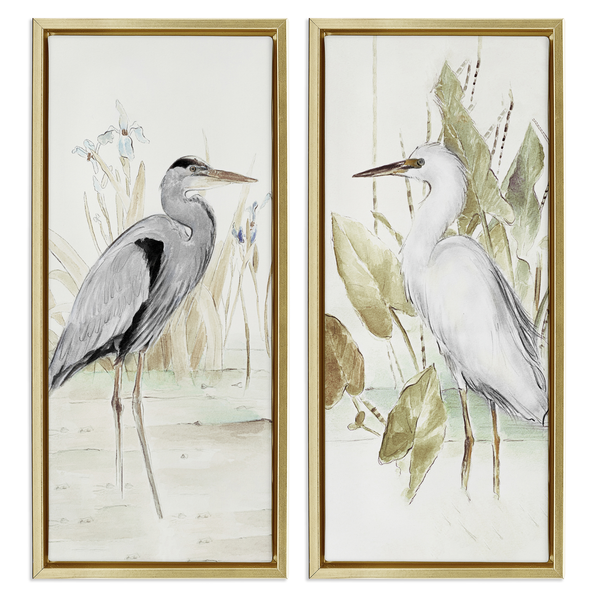 Stupell Industries Heron Egret Marsh Landscape Animals Painting Gold Floater Framed Canvas Art Print Wall Art, 11 x 25, Set of 2